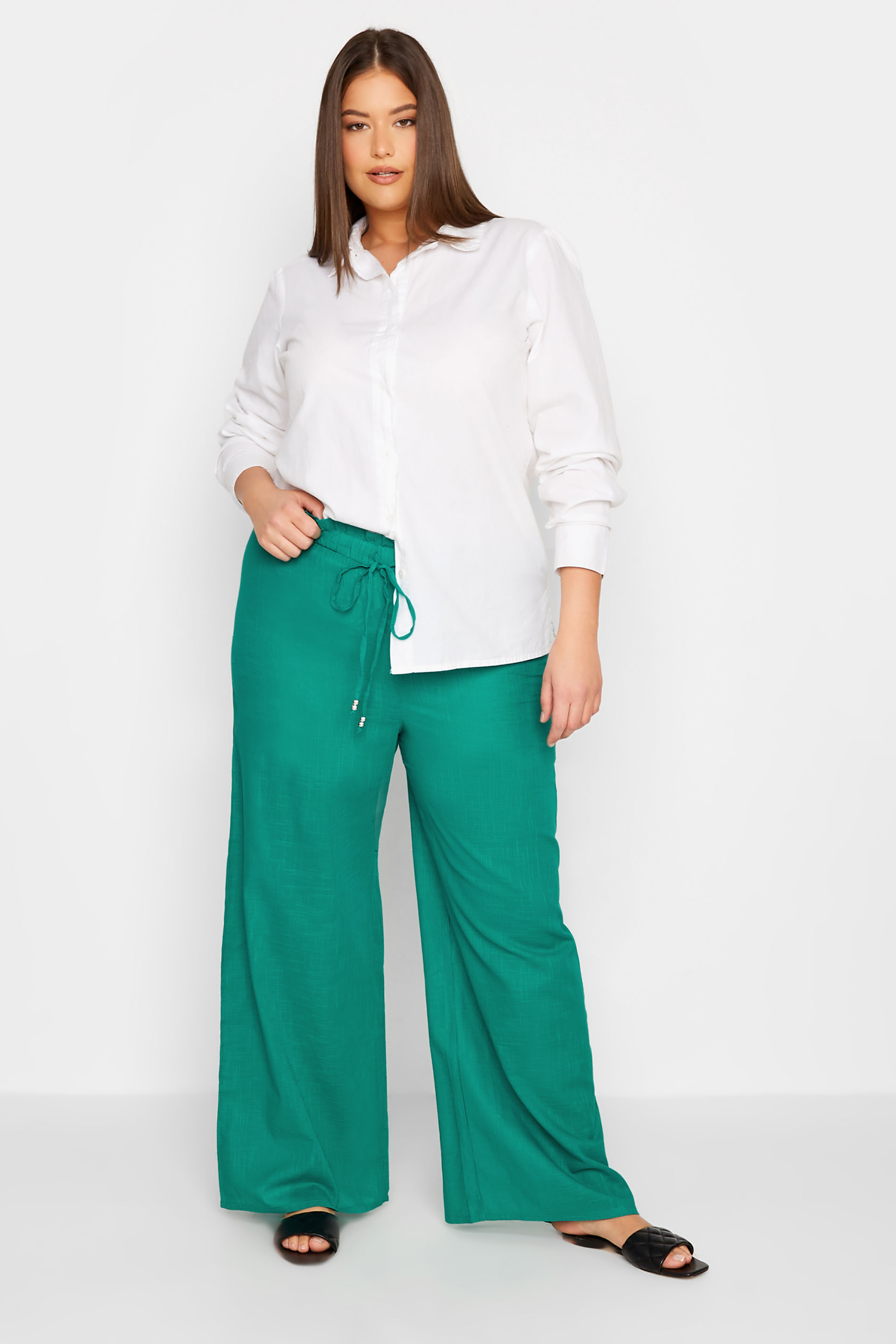LTS Tall Women's Green Cotton Wide Leg Beach Trousers | Long Tall Sally 2