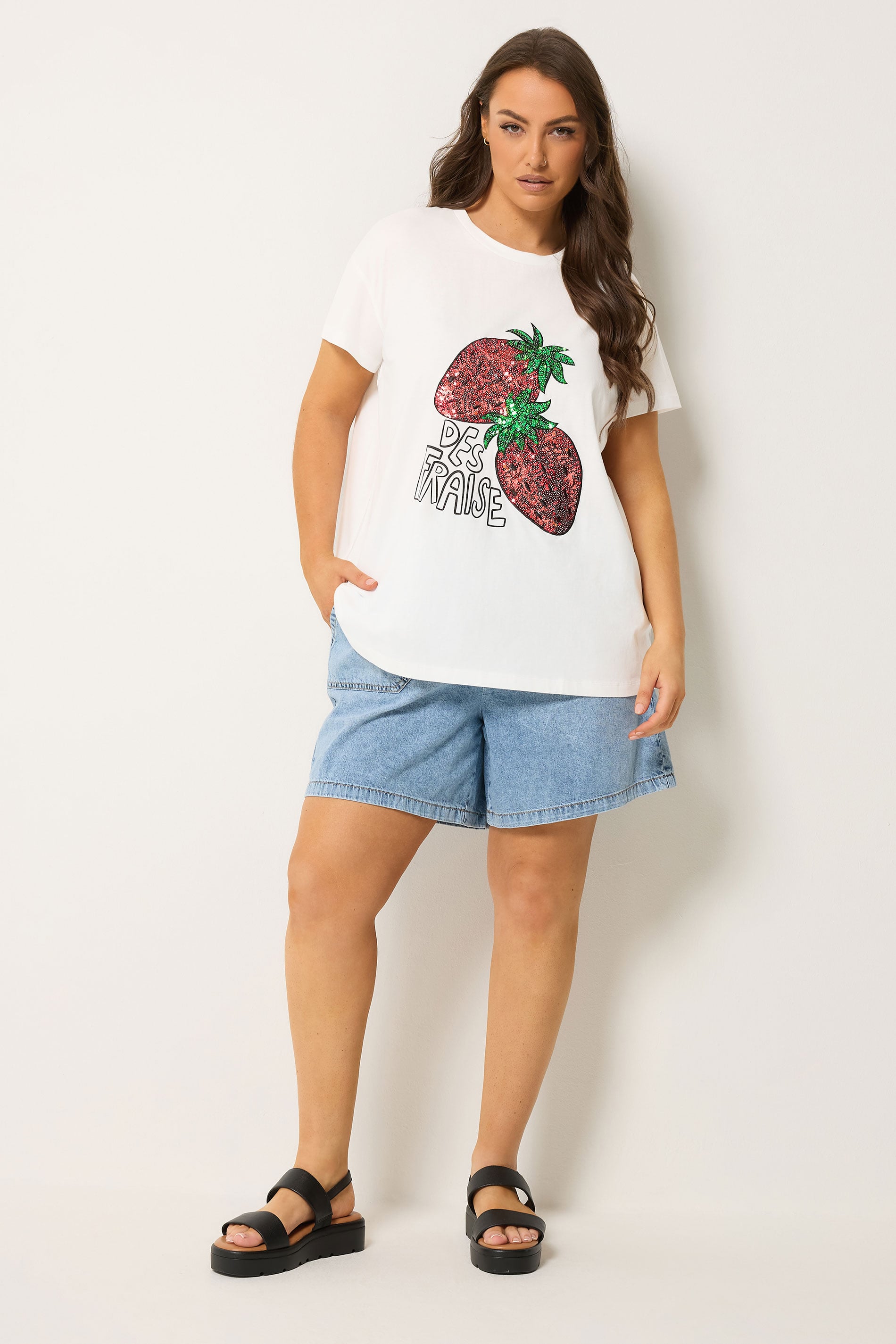 Yours Plus Size White Sequin Embellished Strawberry T-Shirt | Yours Clothing 1