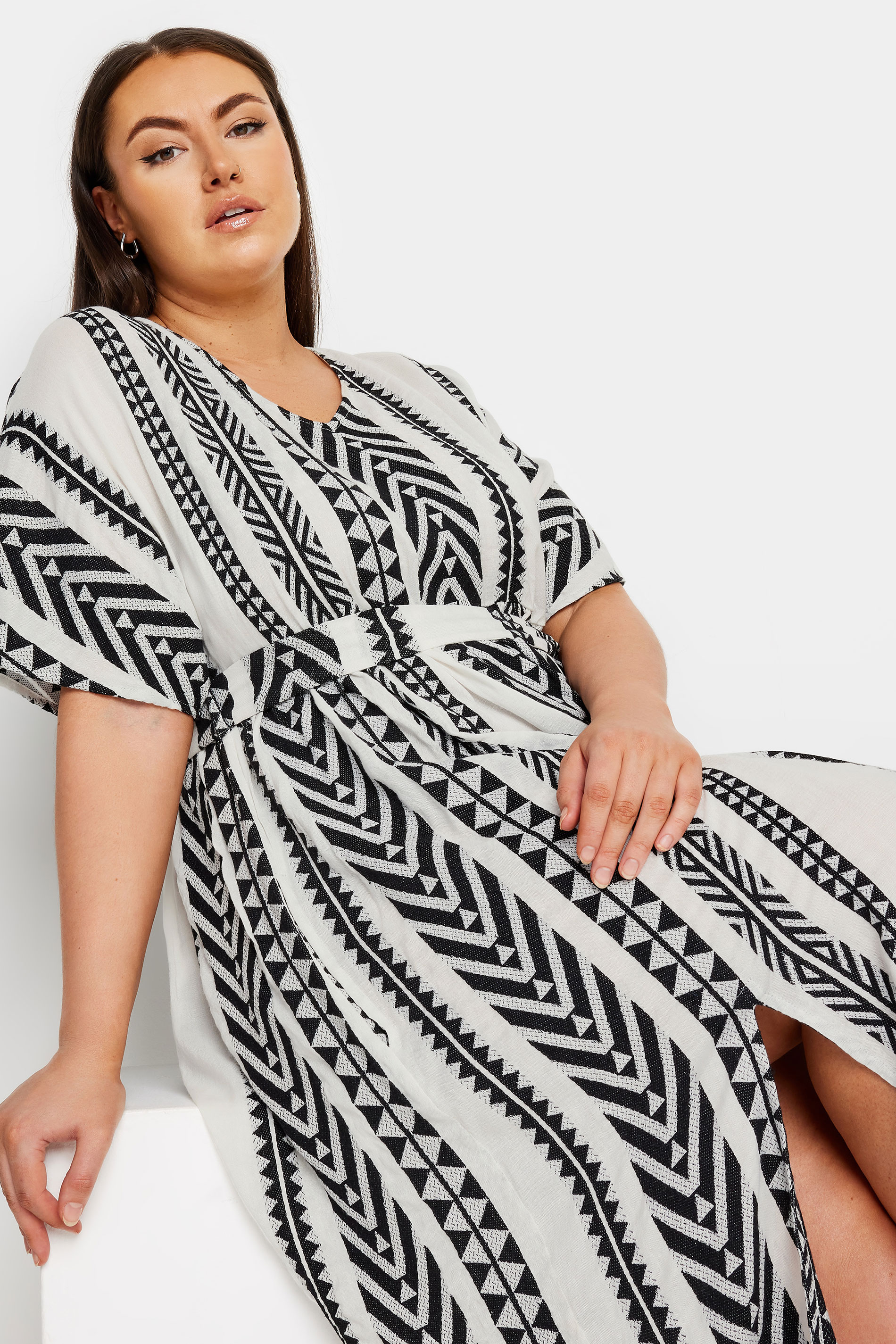 YOURS Plus Size Black & White Aztec Print Embroidered Maxi Dress | Yours Clothing  3