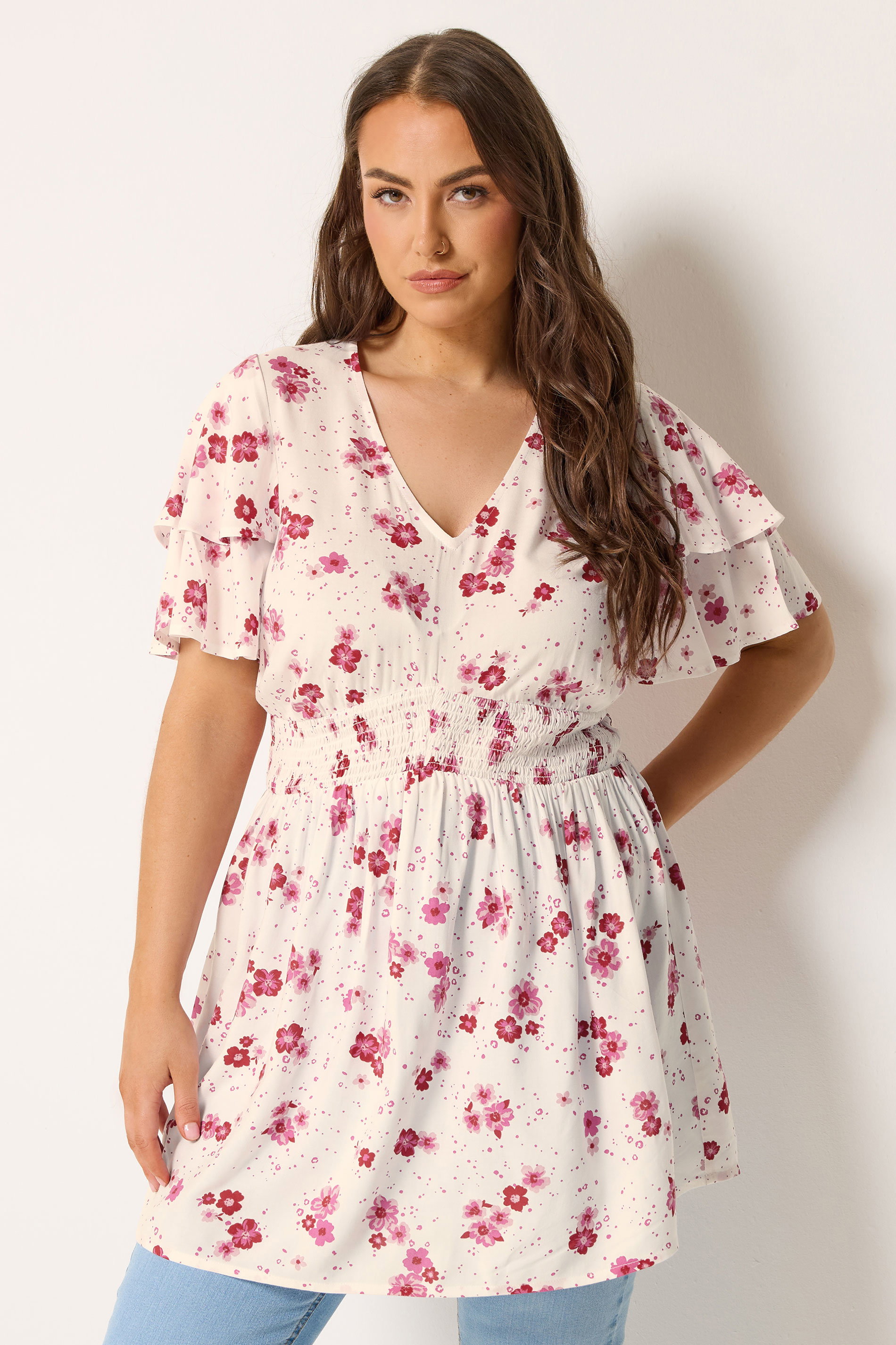 YOURS Plus Size White Floral Flutter Sleeve Top | Yours Clothing 3