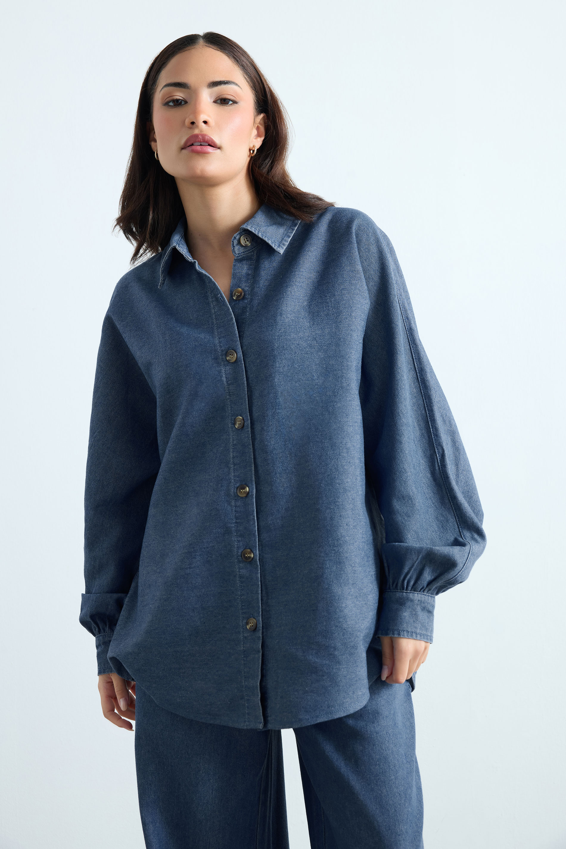 PixieGirl Petite Women's Mid Blue Oversized Denim Shirt | PixieGirl 6