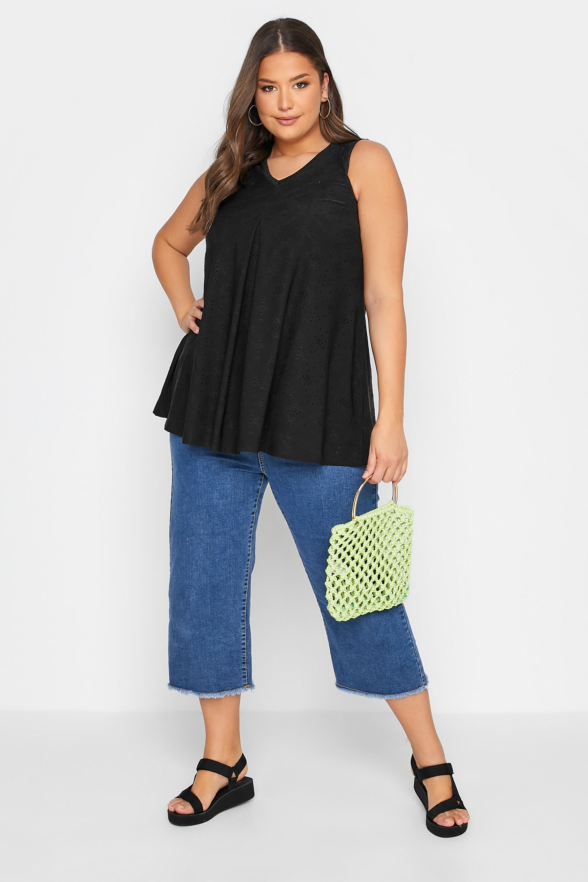 Grande taille  Tops Grande taille  Tops Jersey | Top Volanté Noir Broderie Anglaise - YH26764