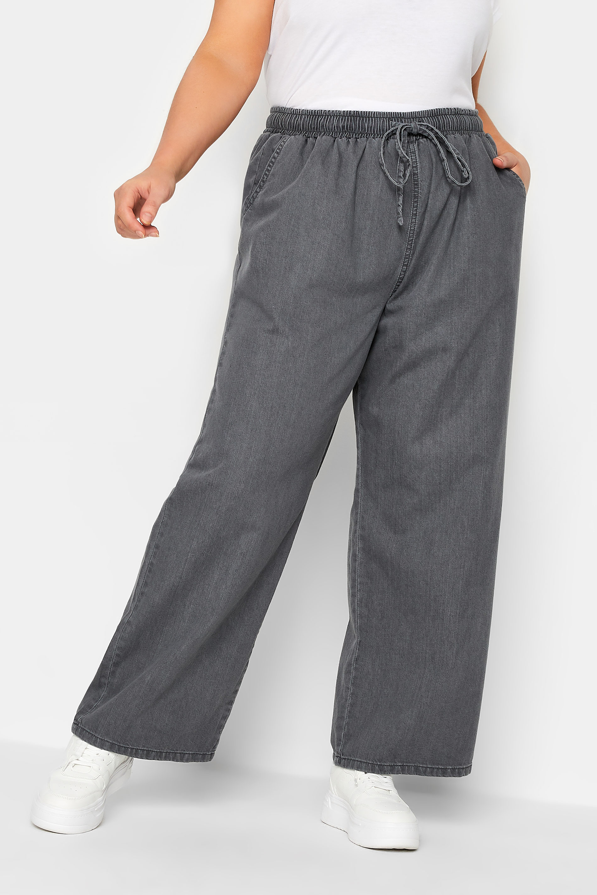 YOURS Plus Size Grey Pull On Wide Leg Jeans | Yours Clothing 1