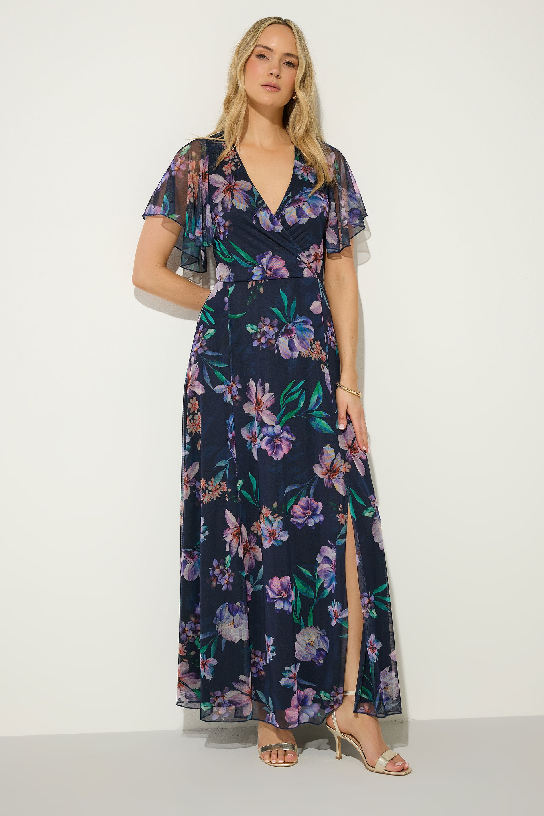 LTS Tall Women's Navy Blue Floral Mesh Wrap Maxi Dress | Long Tall Sally 3