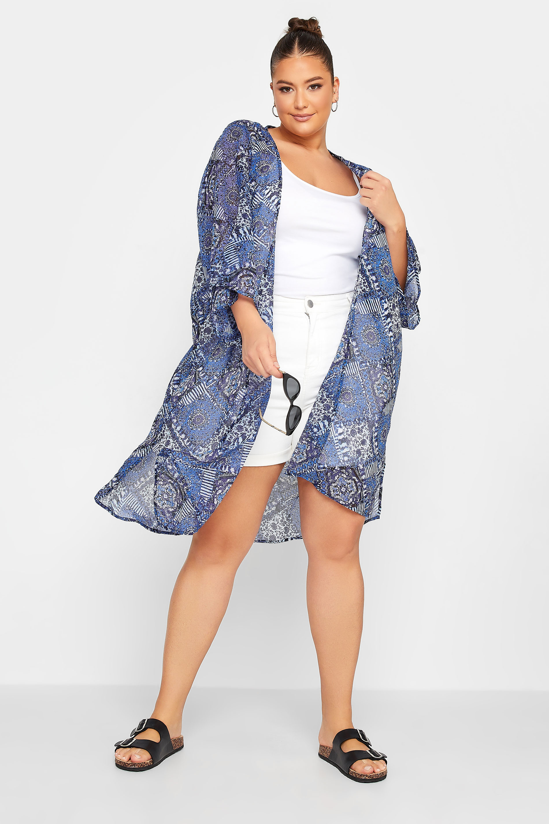 YOURS Curve Blue Tile Print Chiffon Kimono | Yours Clothing 1