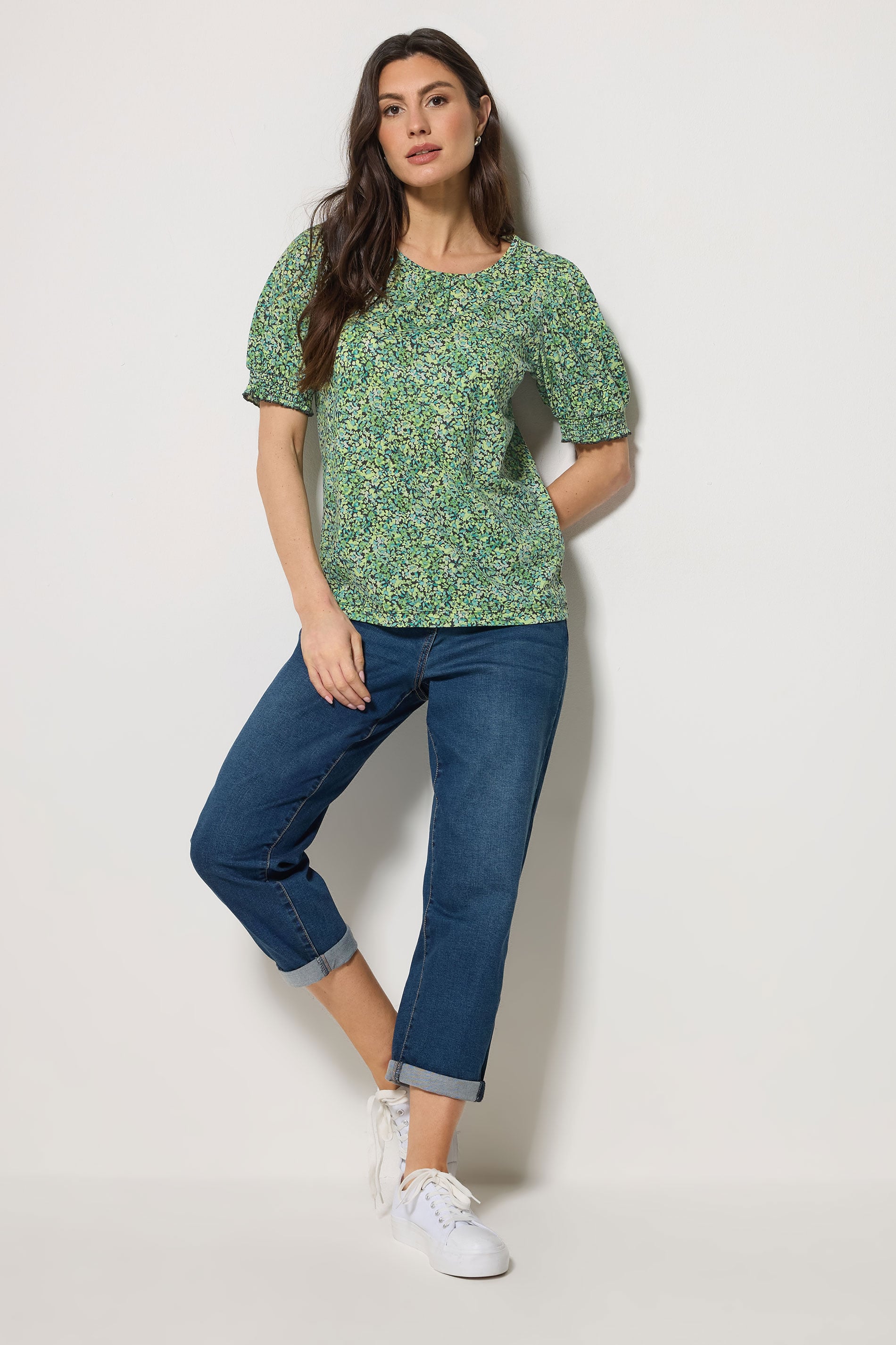 M&Co Green Ditsy Floral Puff Sleeve Top | M&Co 1