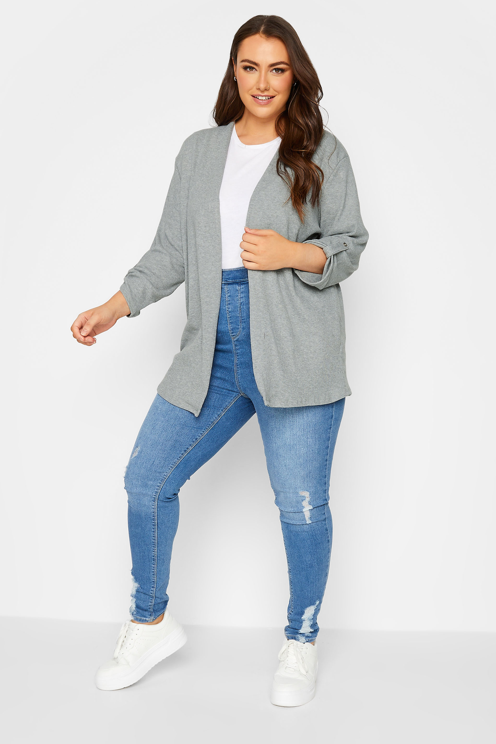 Plus Size Grey Ribbed Roll Tab Cardigan | Yours Clothing 2