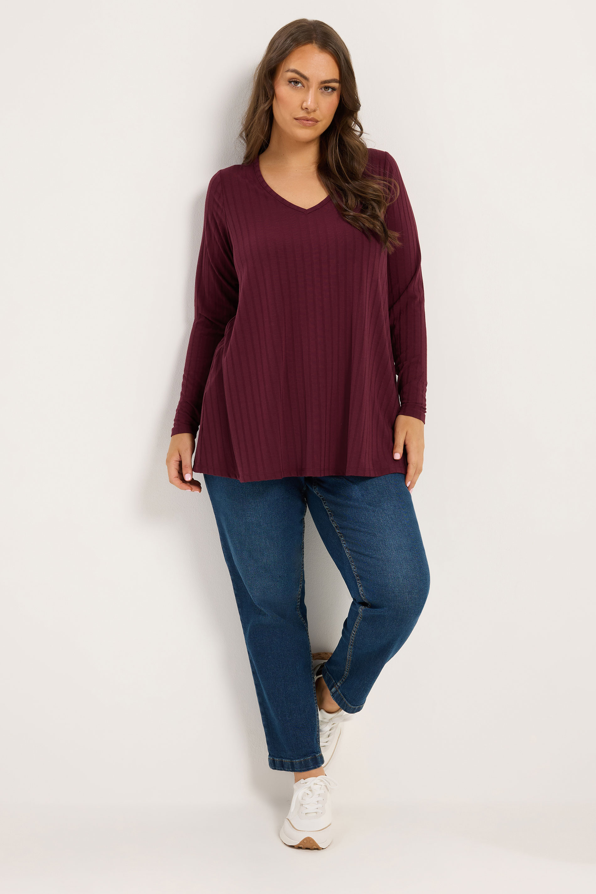 YOURS Plus Size Red Plunge Neck Ribbed T-Shirt | Yours Clothing 1