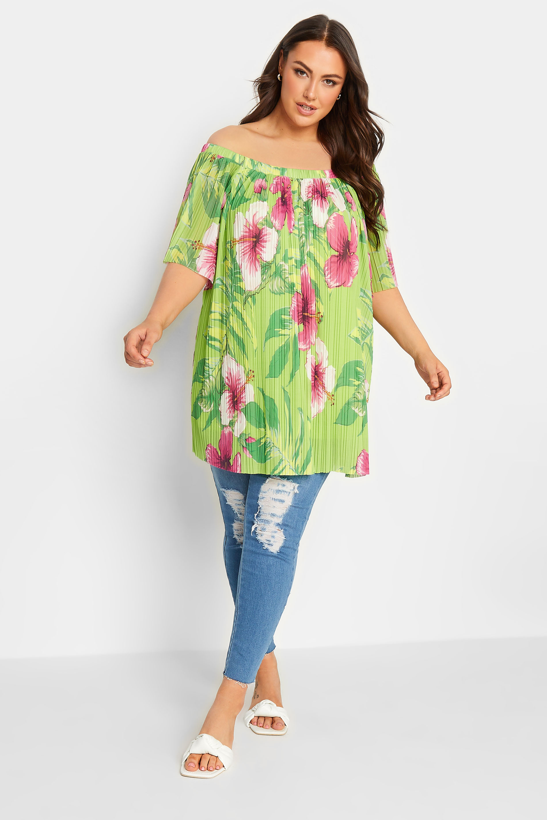 YOURS Curve Green Floral Double Layer Mesh Bardot Top | Yours Clothing  2