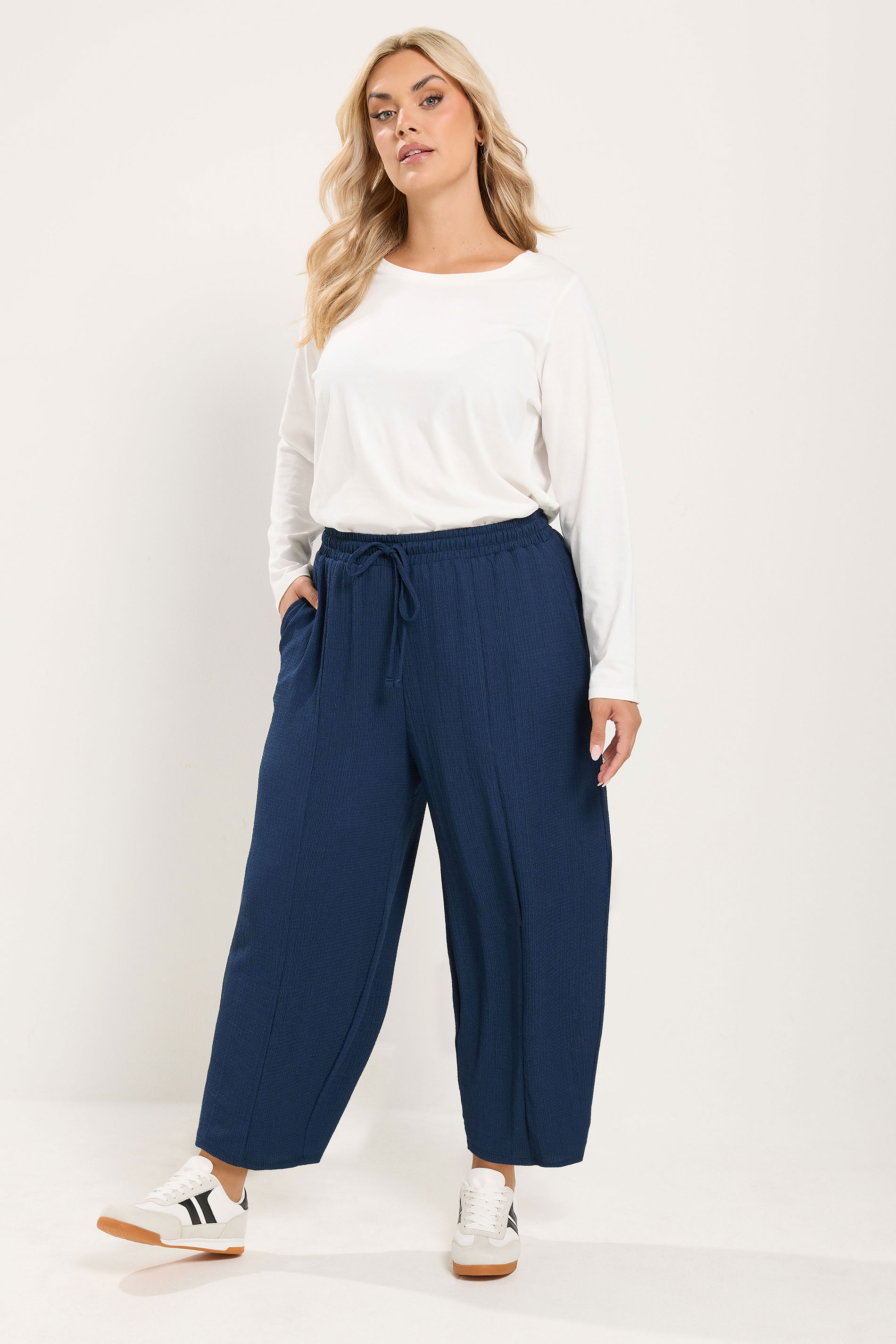 YOURS Plus Size Navy Blue Crinkle Barrel Trousers | Yours Clothing 3