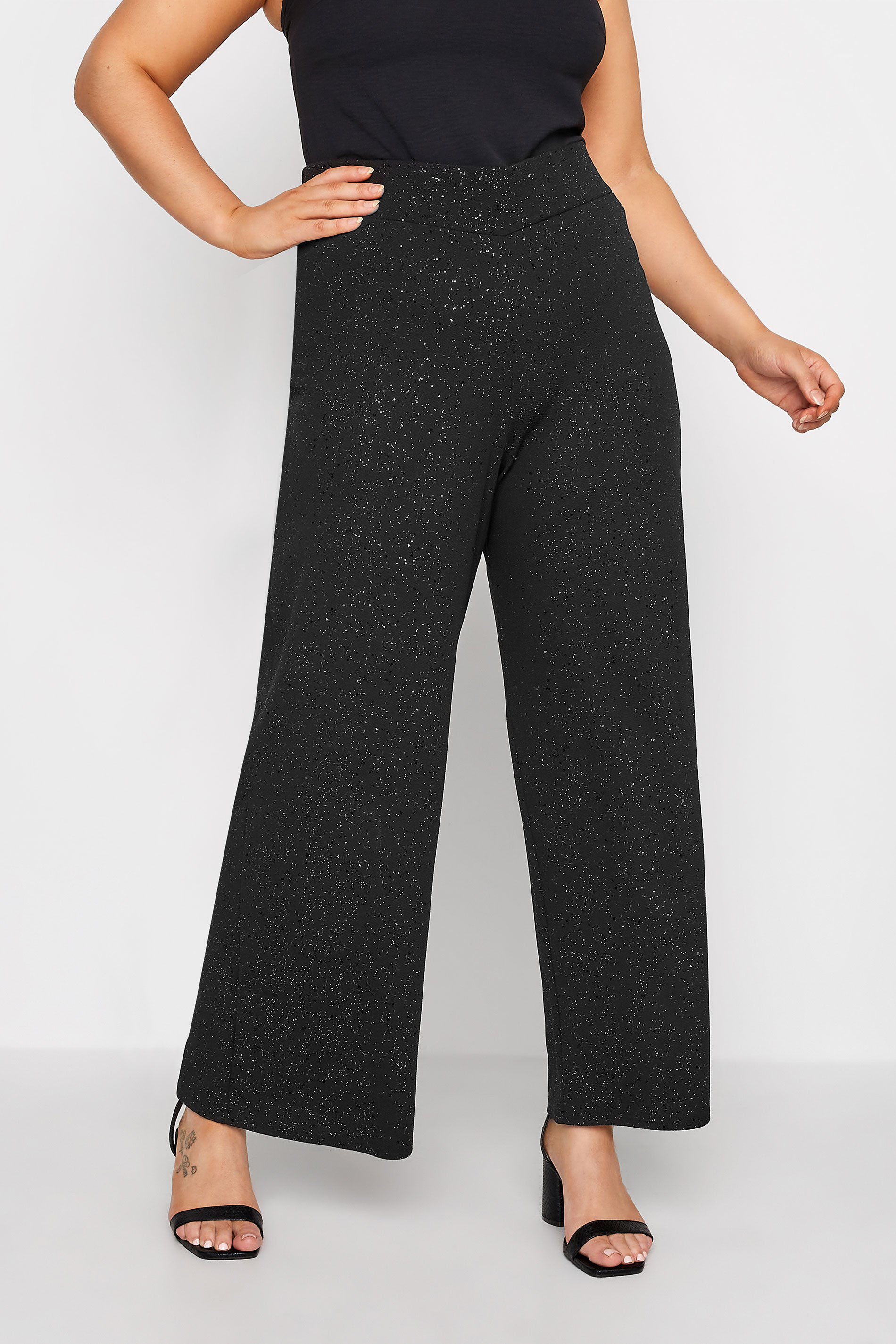 YOURS LONDON Plus Size Black Glitter Stretch Wide Leg Trousers | Yours Clothing 1