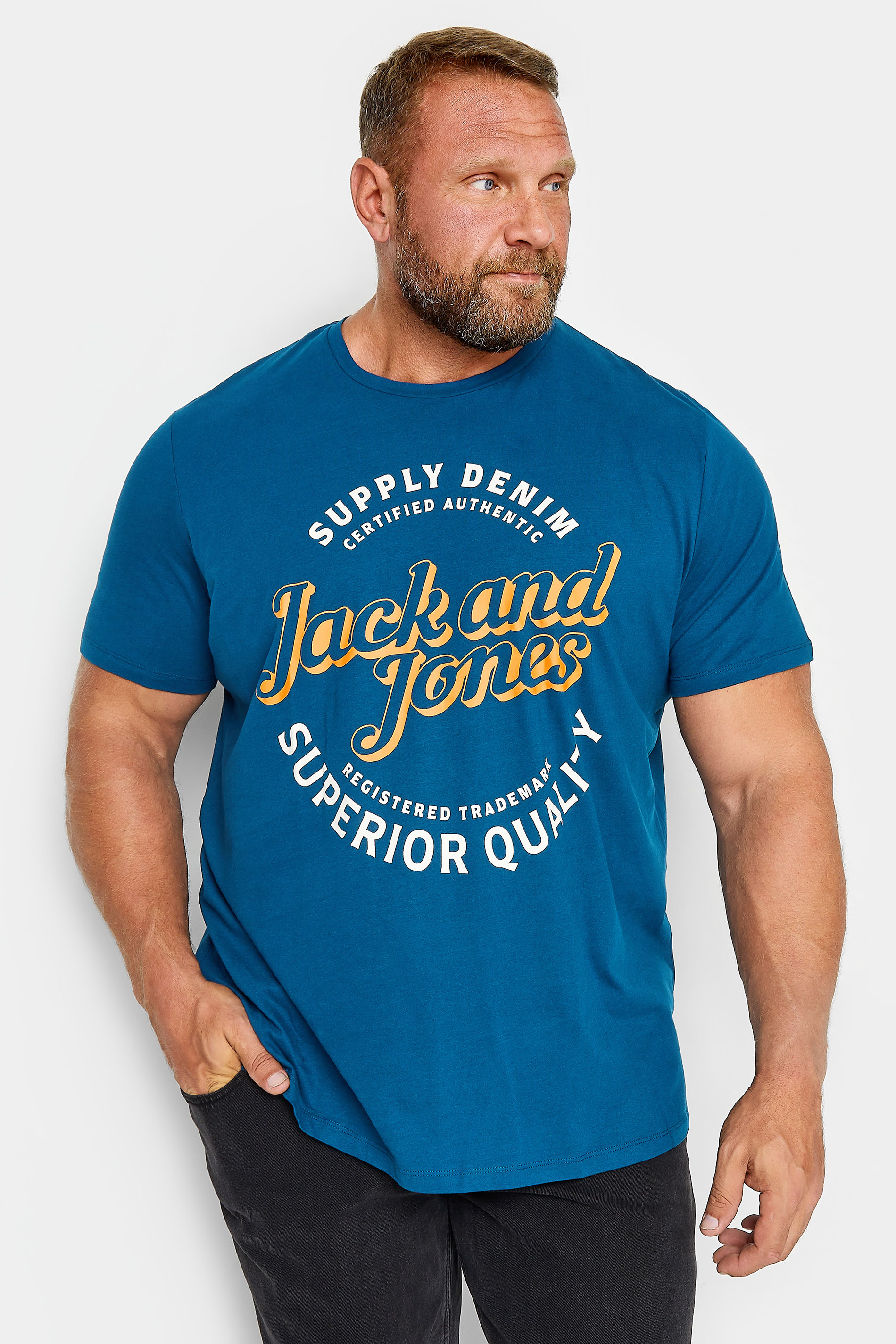 JACK & JONES Big & Tall Navy Blue Logo Print Short Sleeve T-Shirt | BadRhino  1
