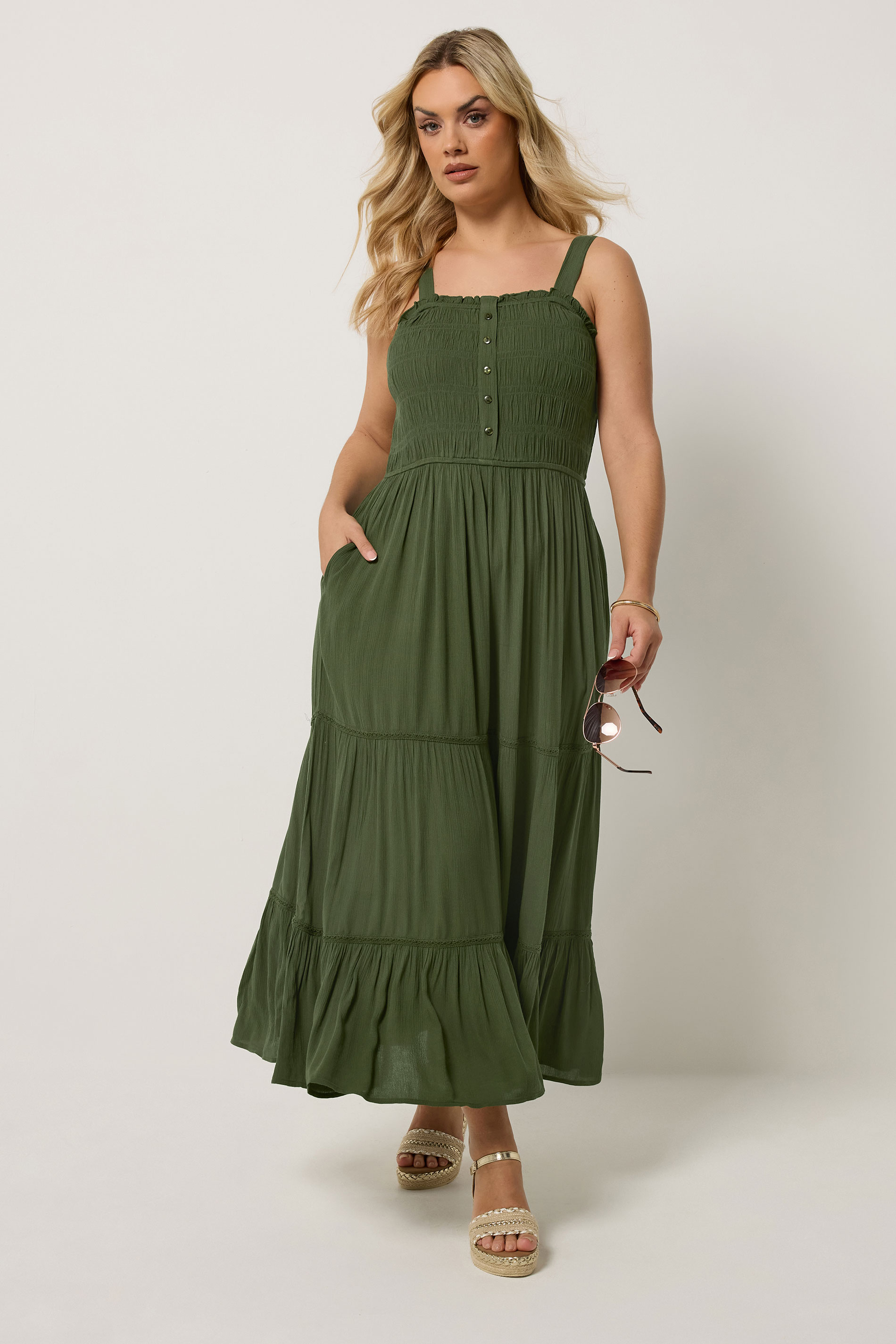 YOURS Plus Size Olive Green Shirred Placket Dress | Yours Clothing 2