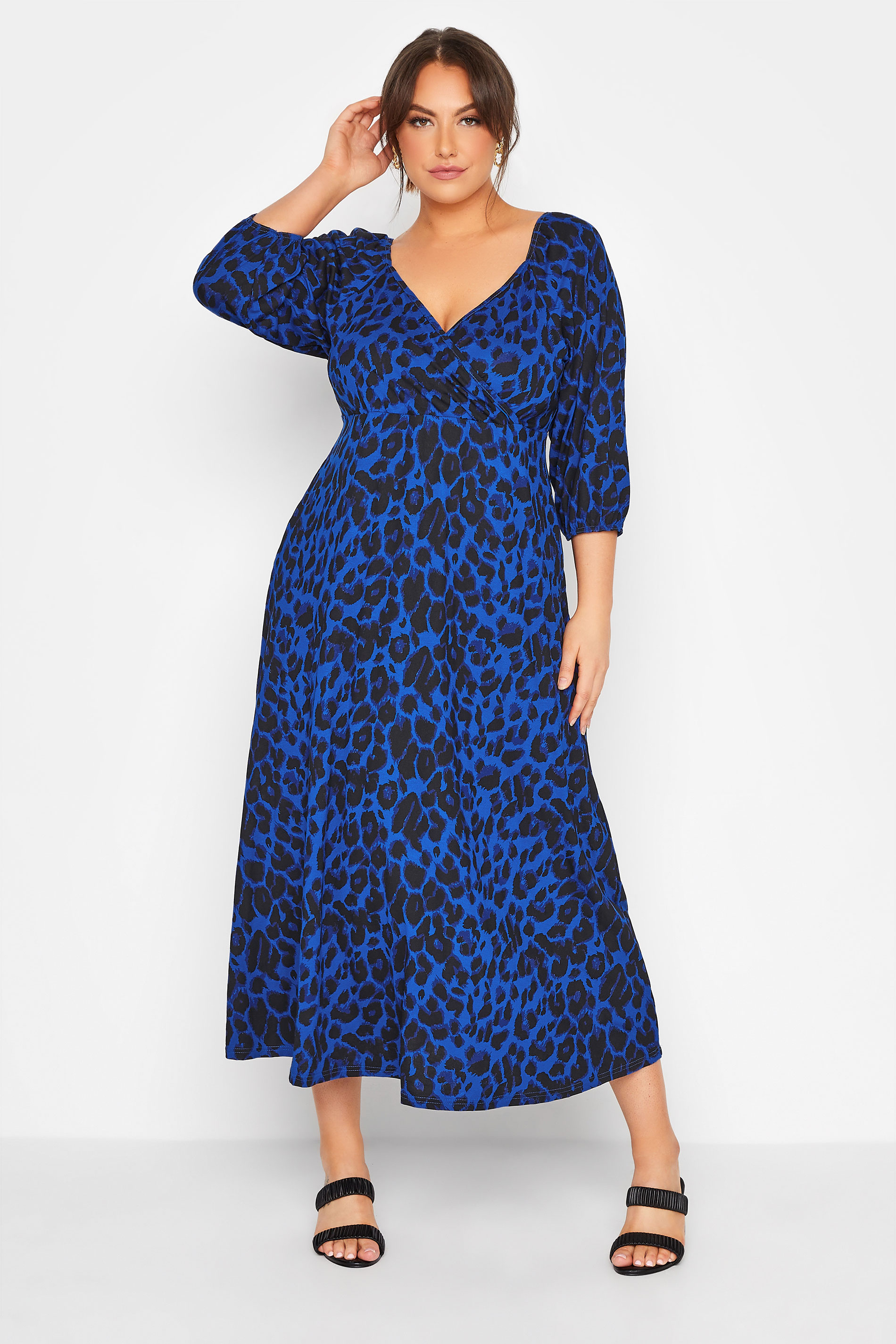 LIMITED COLLECTION Curve Navy Blue Leopard Print Wrap Milkmaid Dress_A.jpg