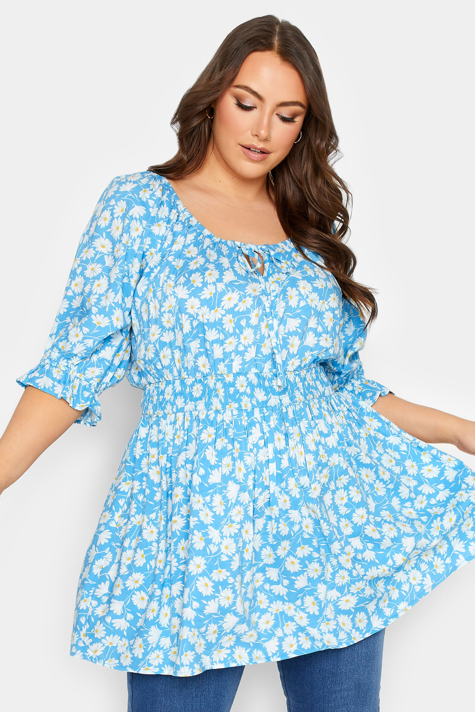 YOURS Plus Size Blue Floral Shirred Gypsy Top | Yours Clothing 1