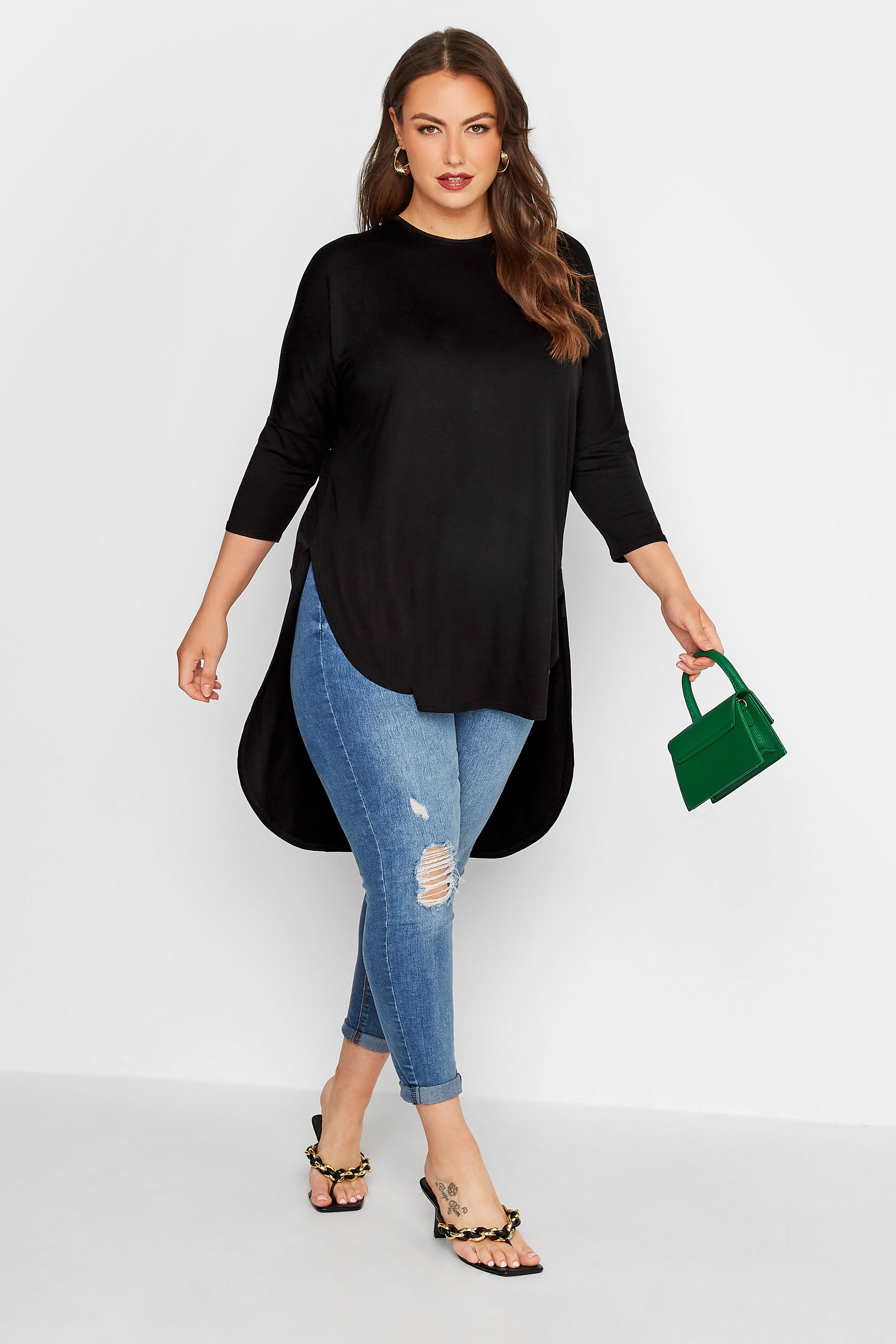Grande taille  Tops Grande taille  Tops Ourlet Plongeant | LIMITED COLLECTION - T-Shirt Noir Manches Longues Ourlet Plongeant - JP77946