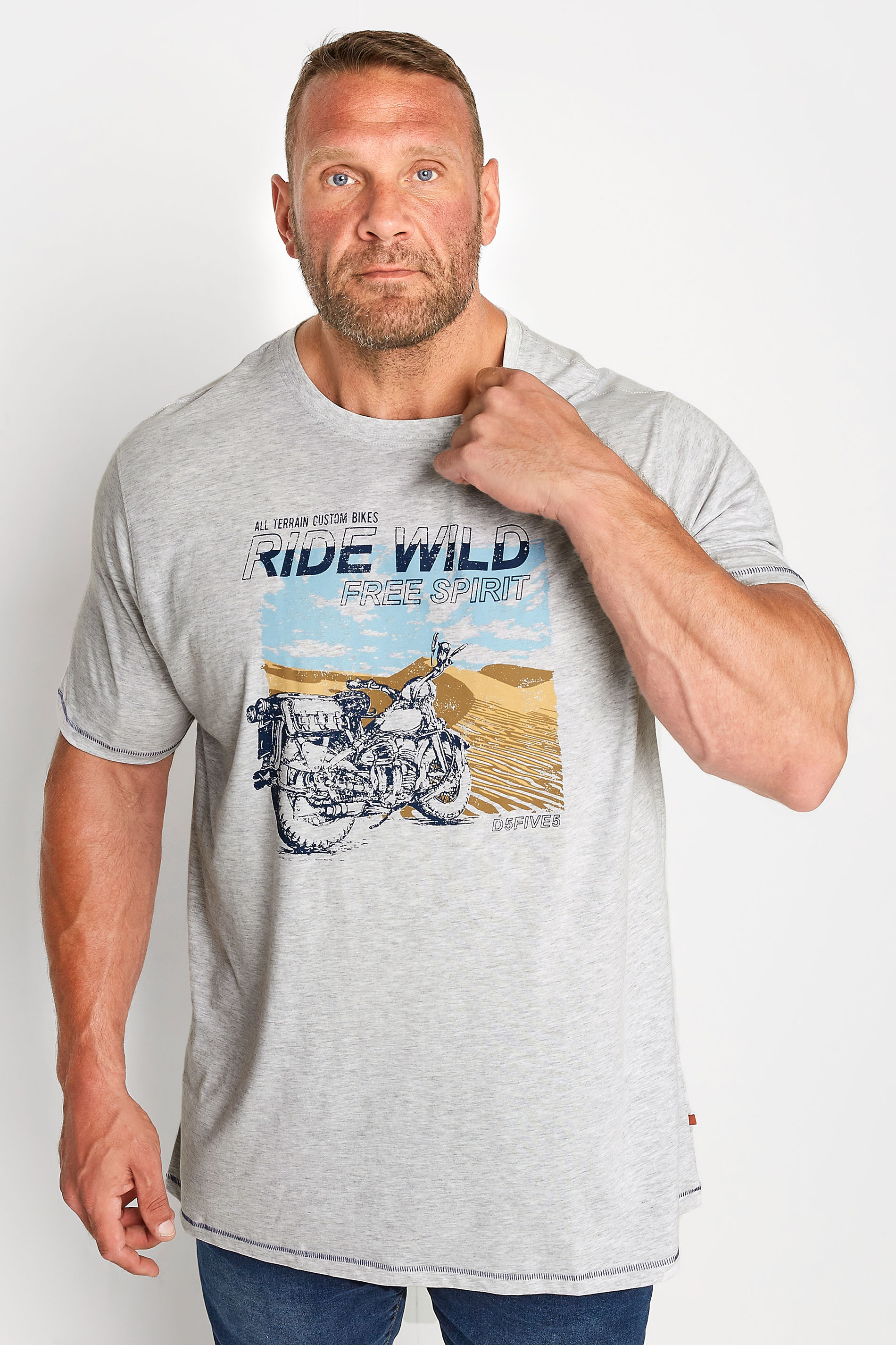 D555 Big & Tall White 'Ride Wild' Motorbike Printed T-Shirt | BadRhino 1