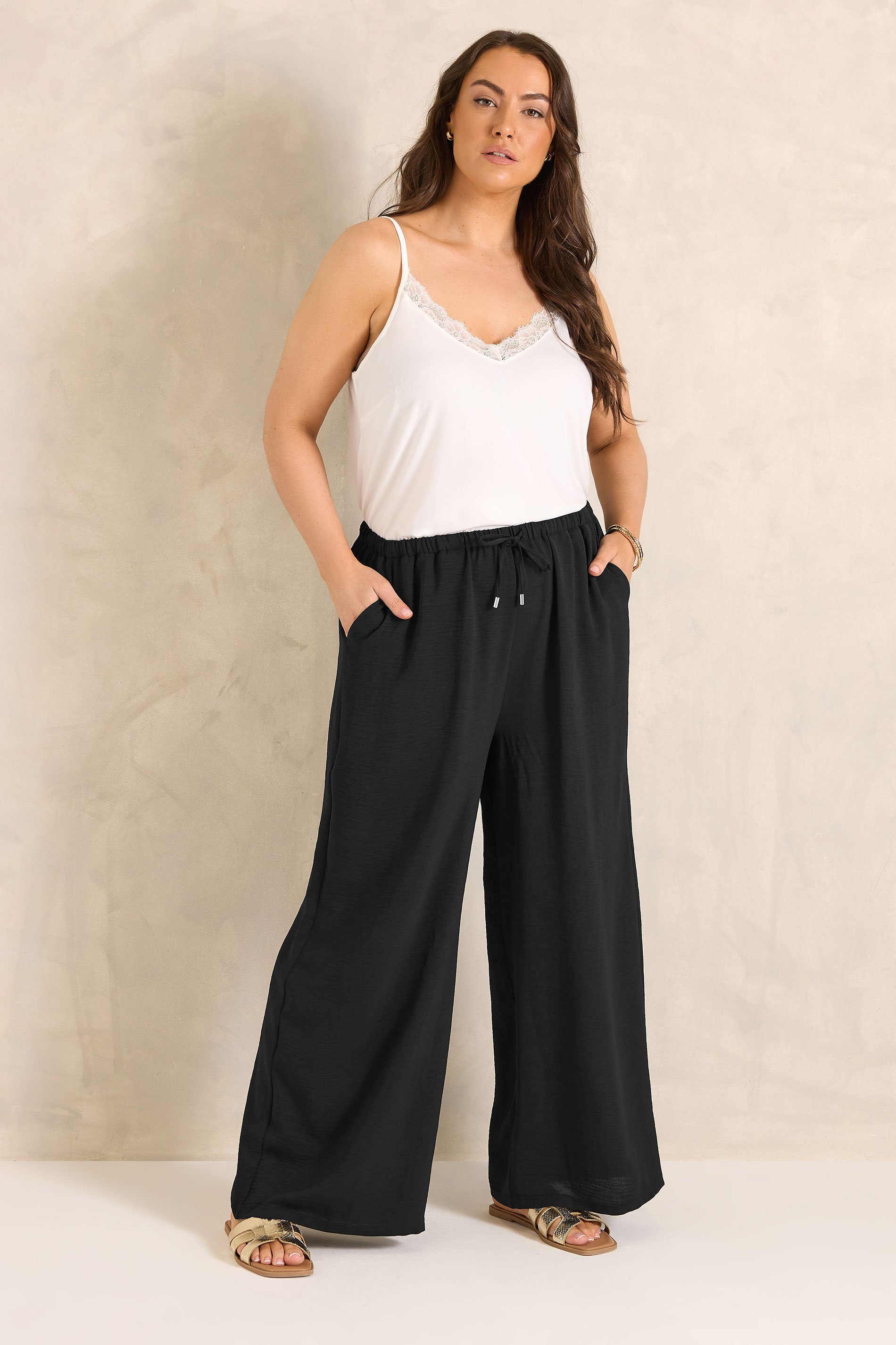 EVANS Plus Size Black Tie Waist Wide Leg Trousers | Evans  3