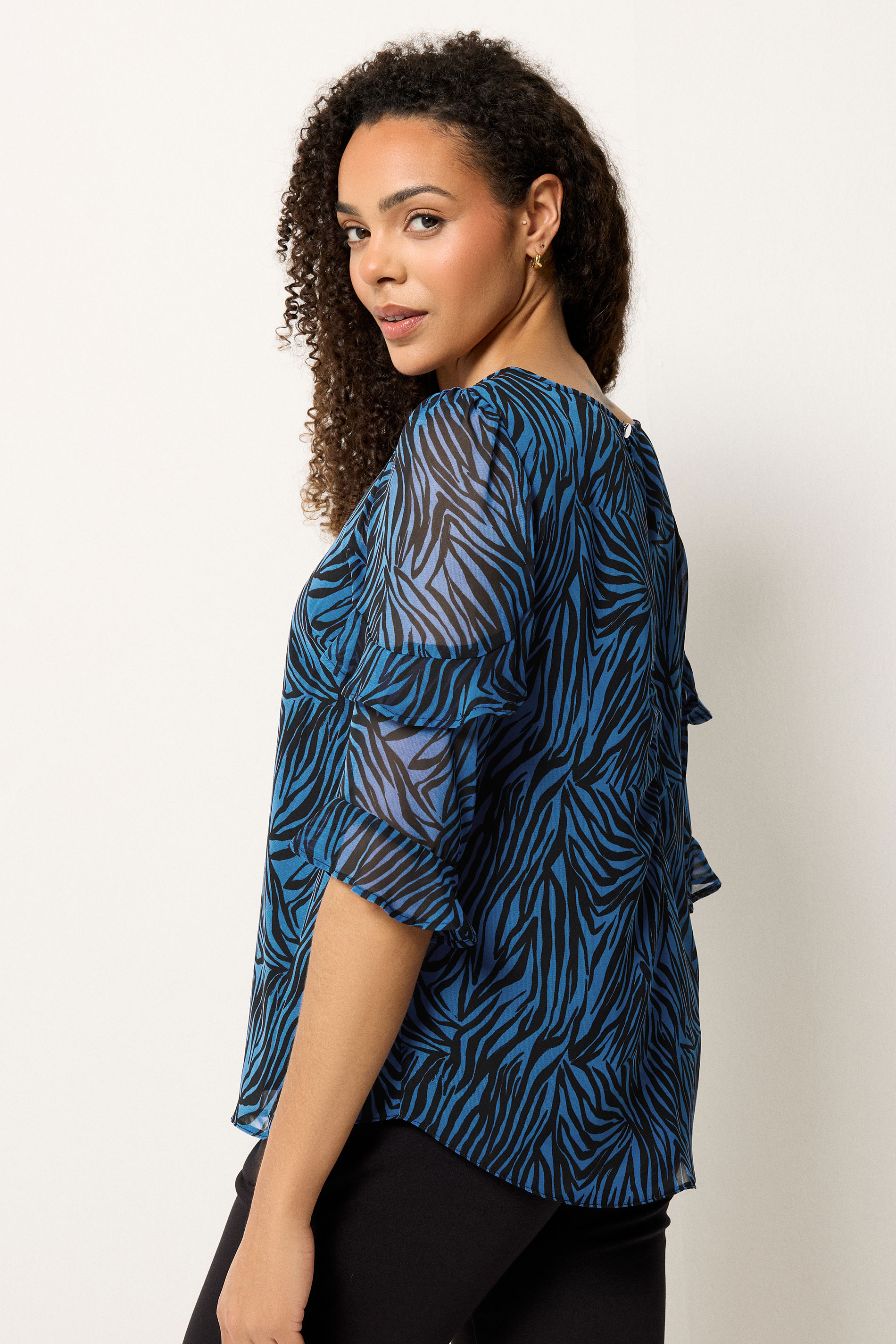 M&Co Blue & Black Swirl Print Frill Sleeve Blouse | M&Co 2