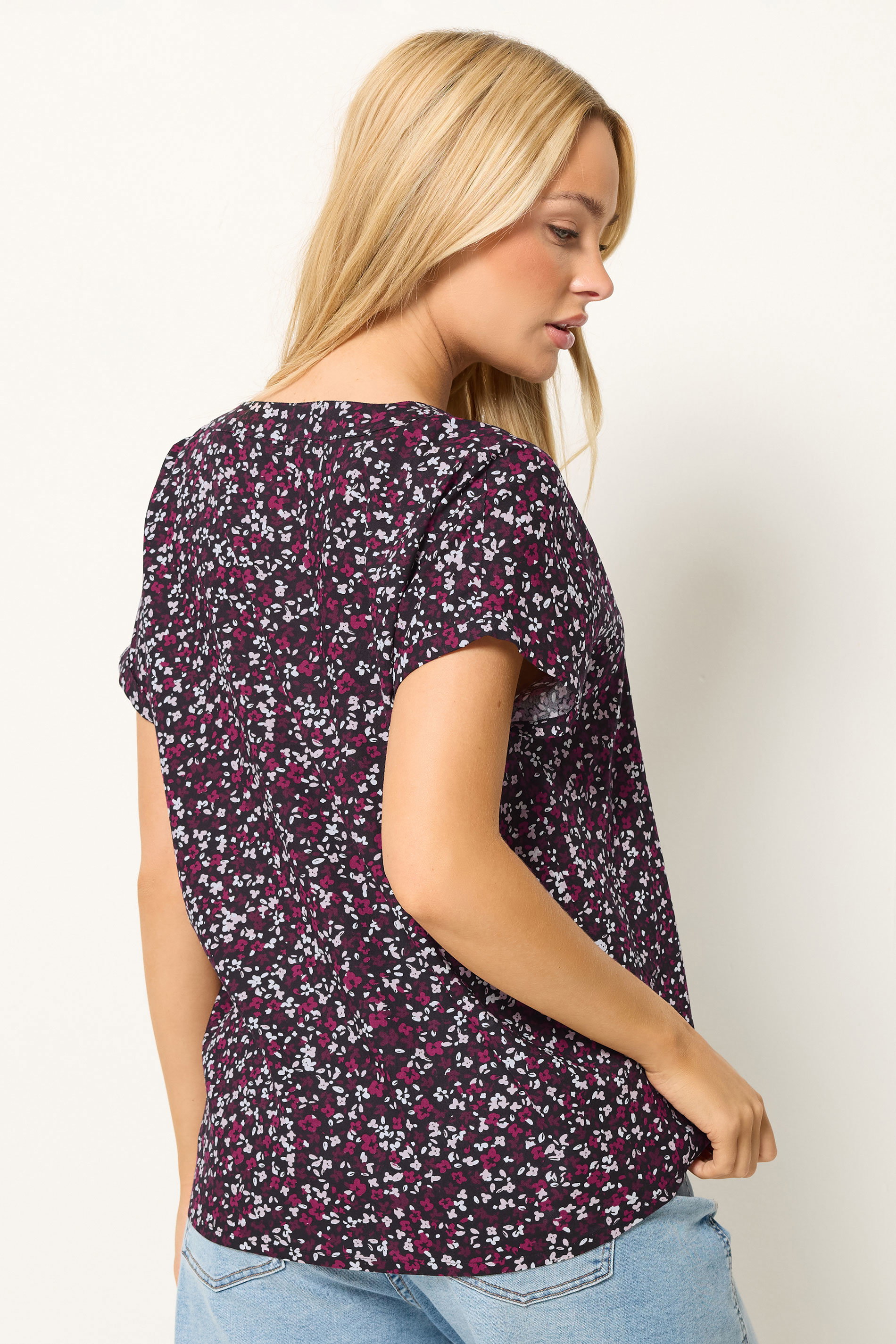 M&Co Berry Purple Ditsy Floral Print Button Front Blouse | M&Co 2