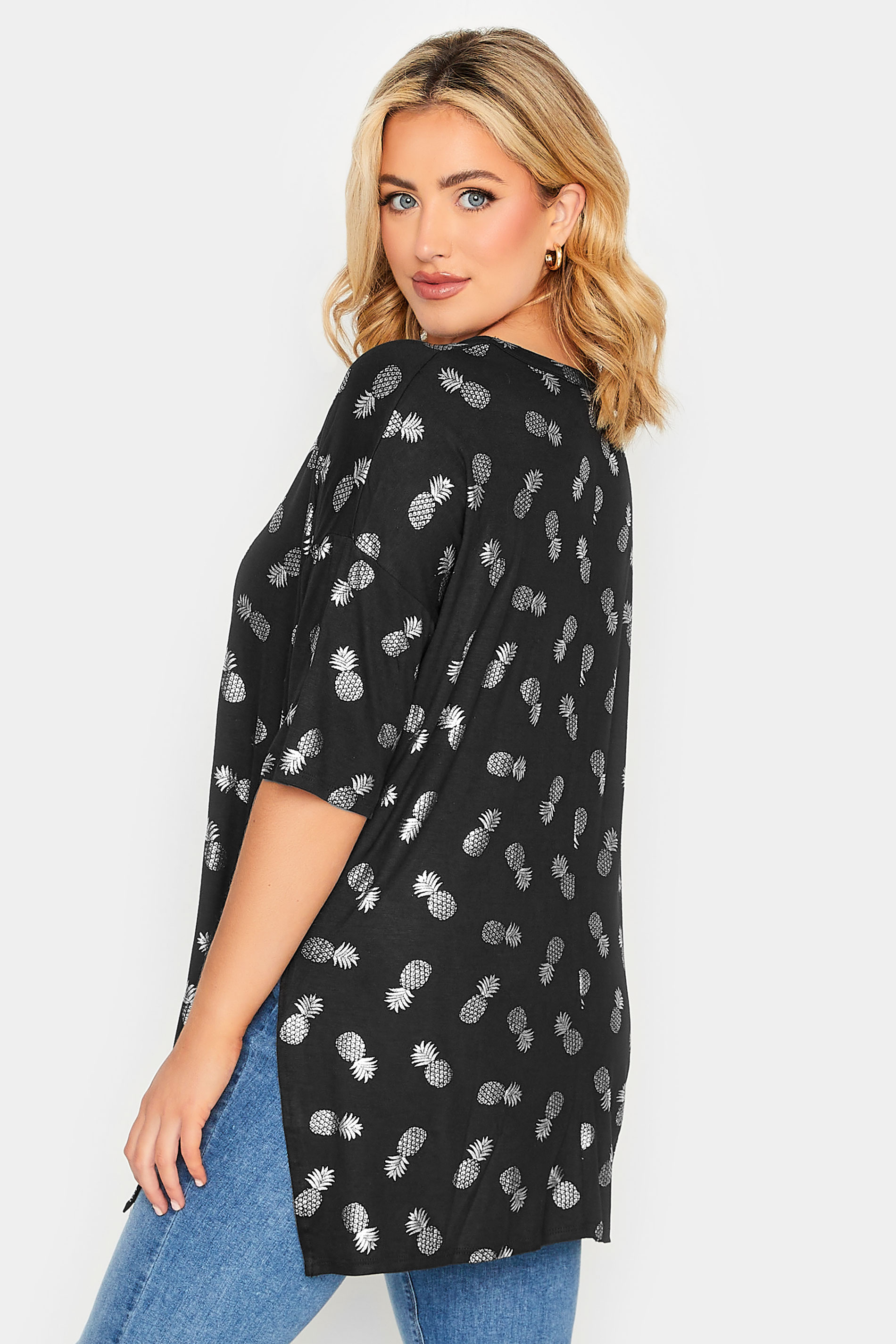 YOURS Plus Size Black Pineapple Foil Print T-Shirt | Yours Clothing 3