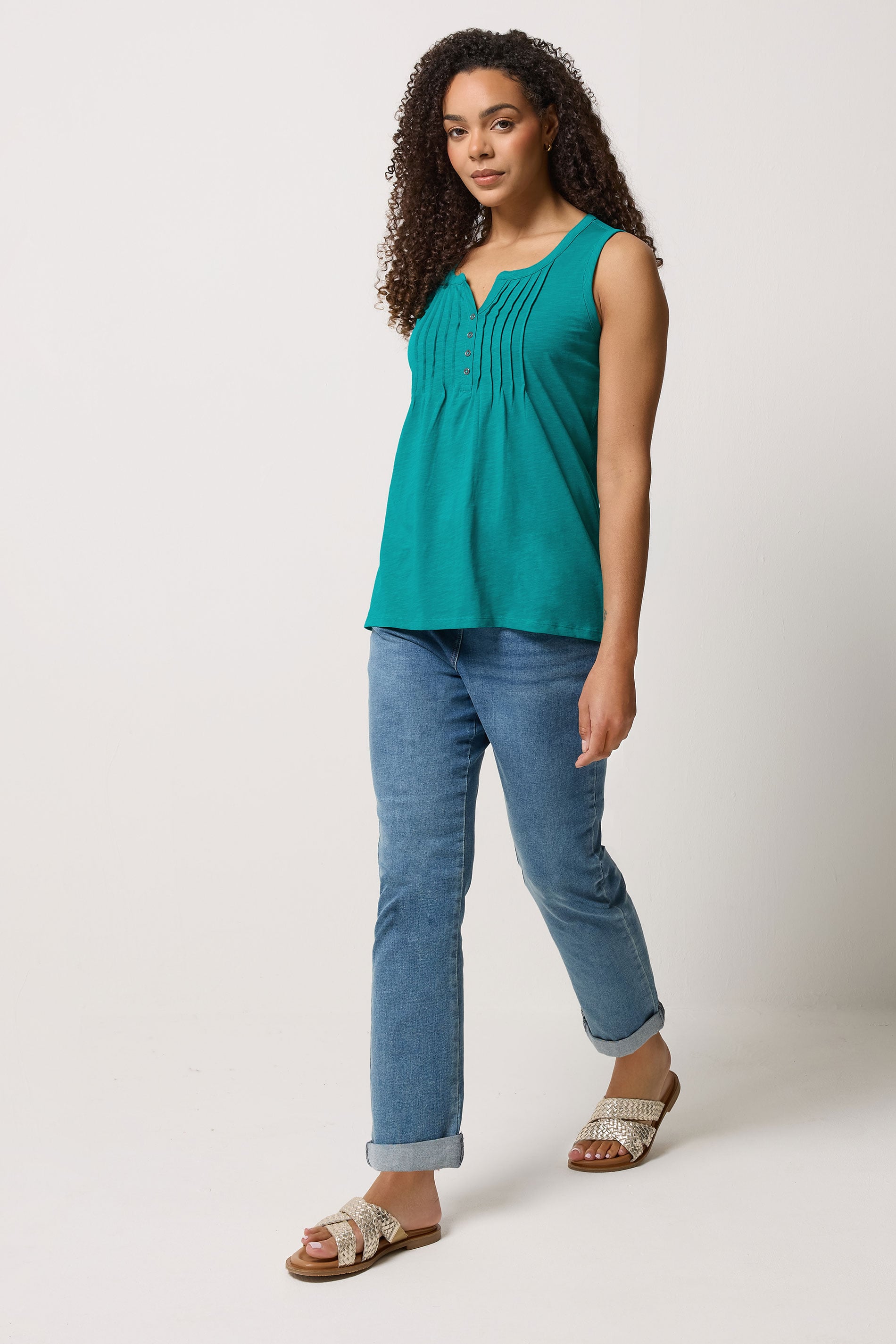 M&Co Teal Green Cotton Sleeveless Henley Top | M&Co 1