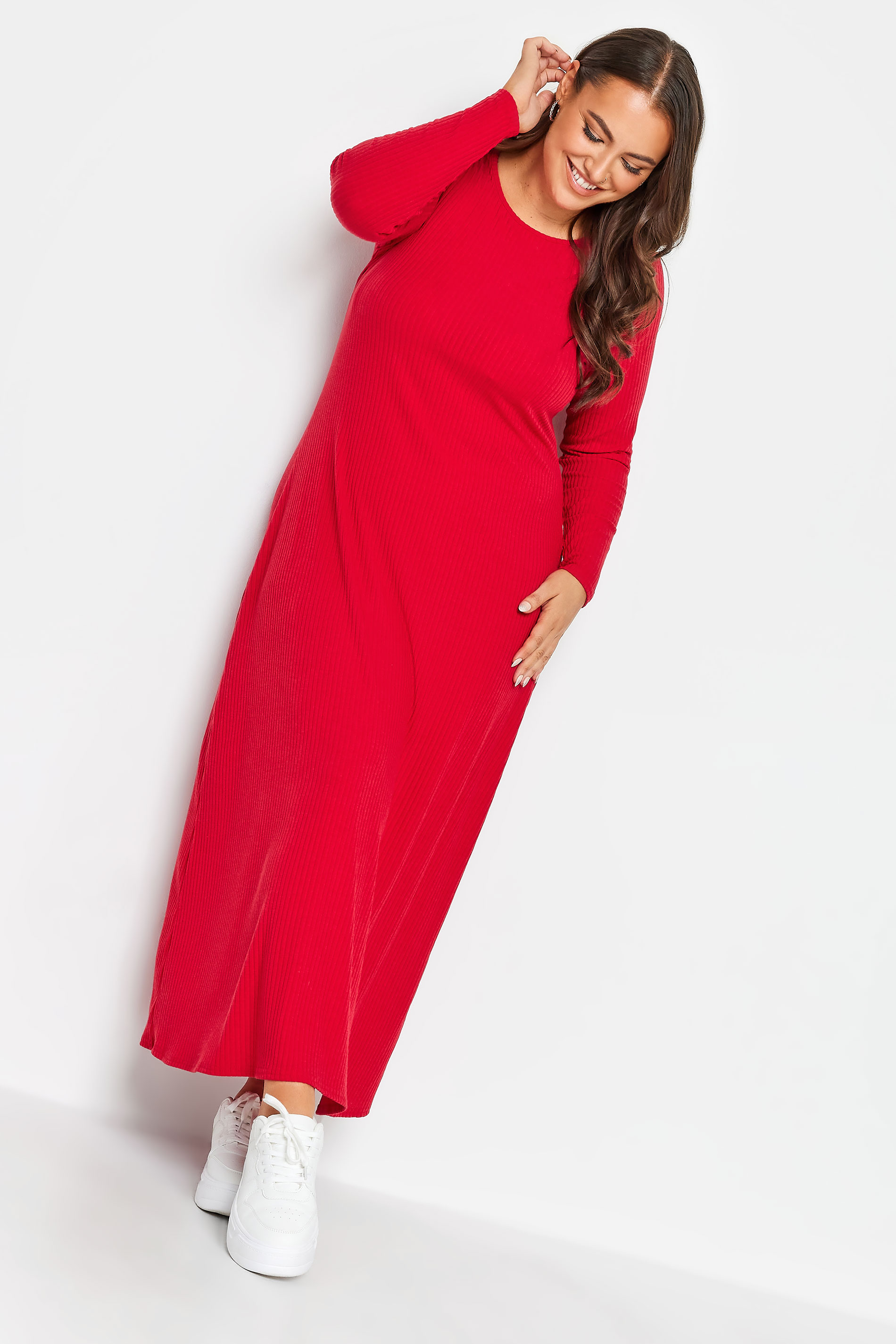 YOURS Curve Red Ribbed Long Sleeve Swing Dress | Yours Clothing 1