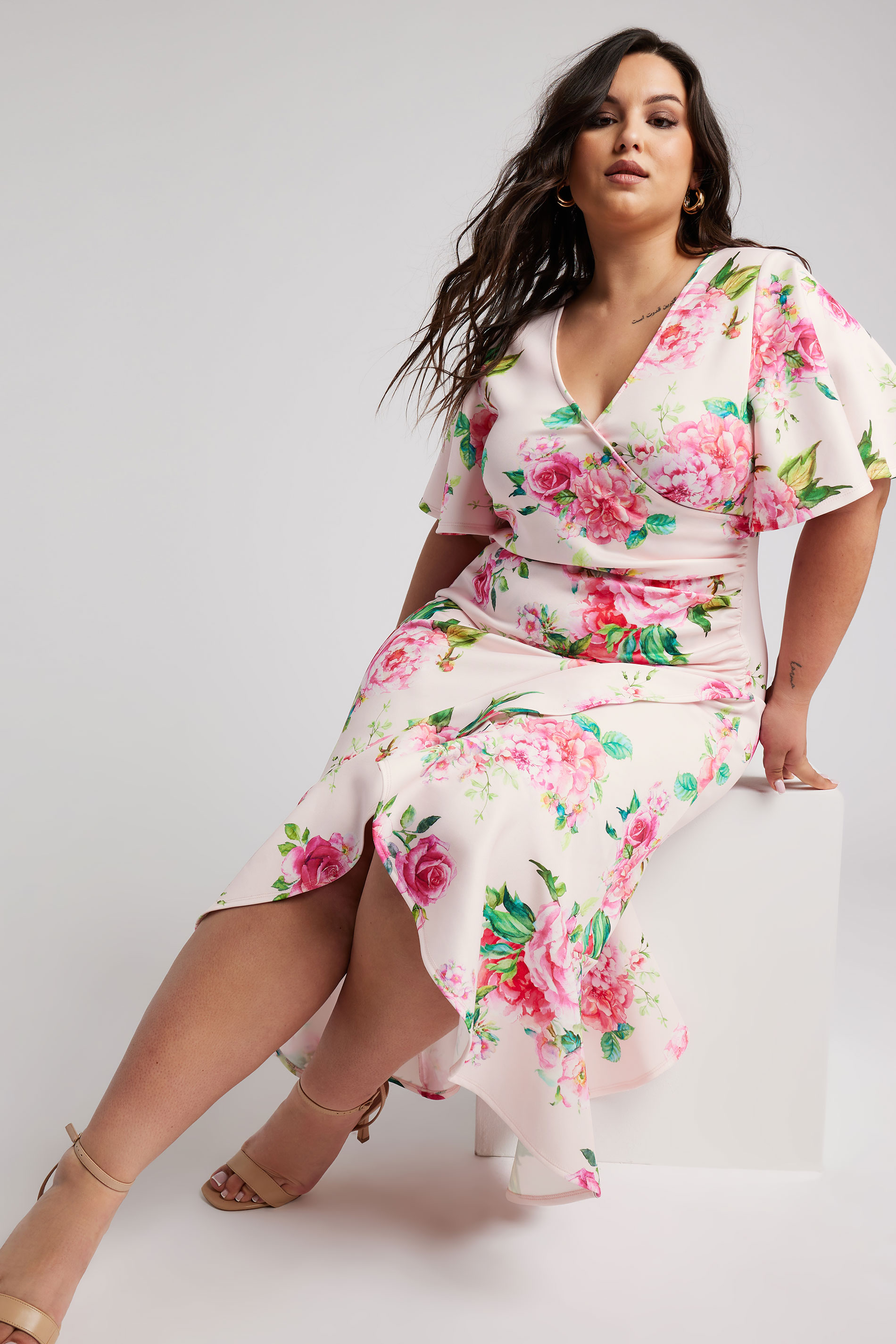 YOURS LONDON Plus Size Pink Floral Print Ruched Midi Dress | Yours Clothing 1