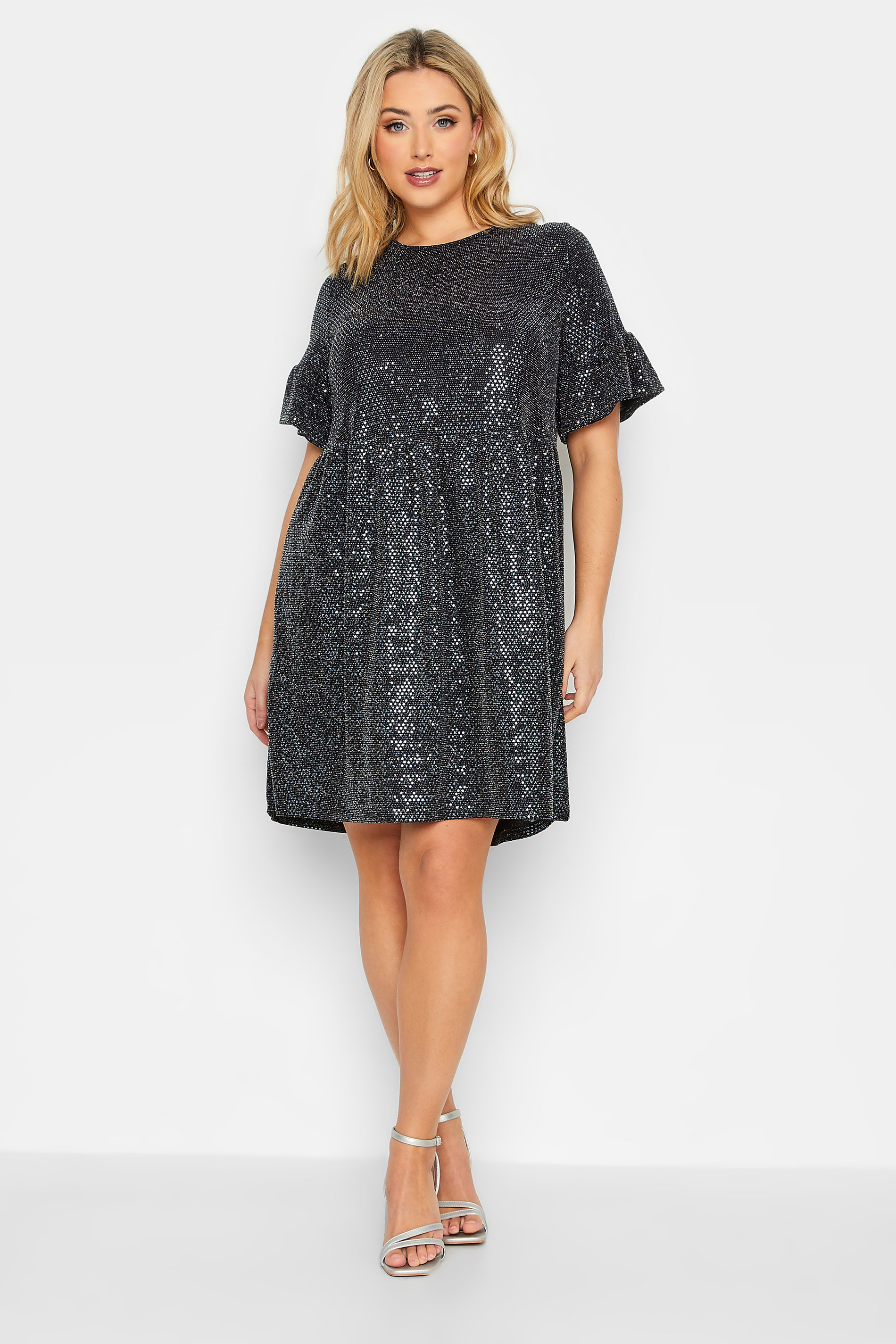 Plus Size Black & Silver Sequin Smock Dress | Yours Clothing 1
