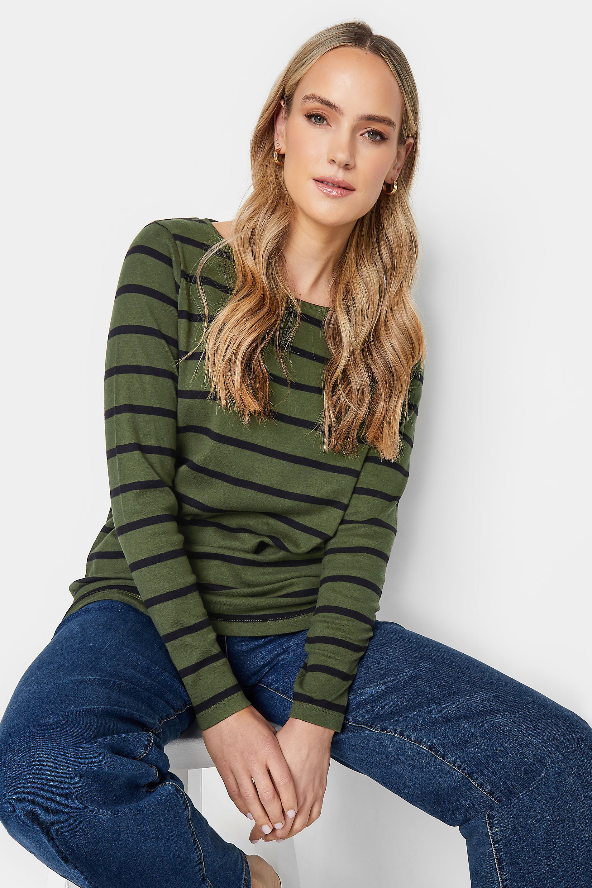 LTS Tall Women's Khaki Green Stripe Long Sleeve Cotton T-Shirt | Long Tall Sally 1