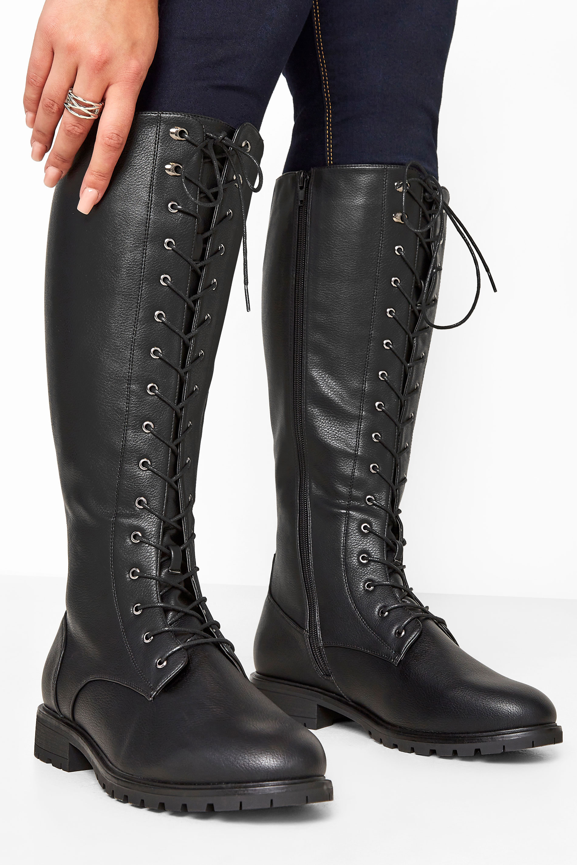 Black Vegan Faux Leather Lace Up Knee High Boots In Extra Wide EEE Fit 1
