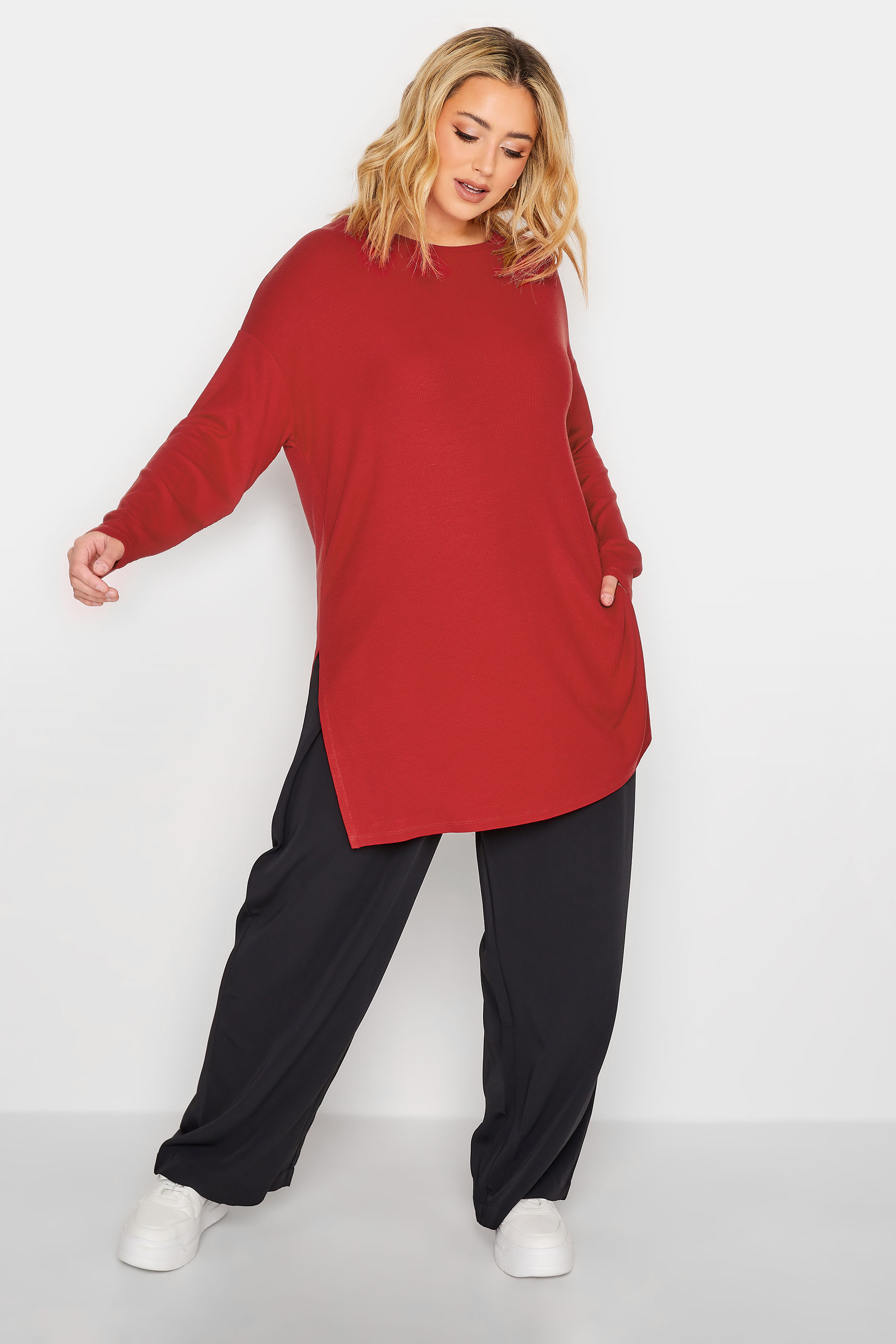 YOURS Plus Size Red Ribbed Split Hem T-Shirt | Yours Clothing 2