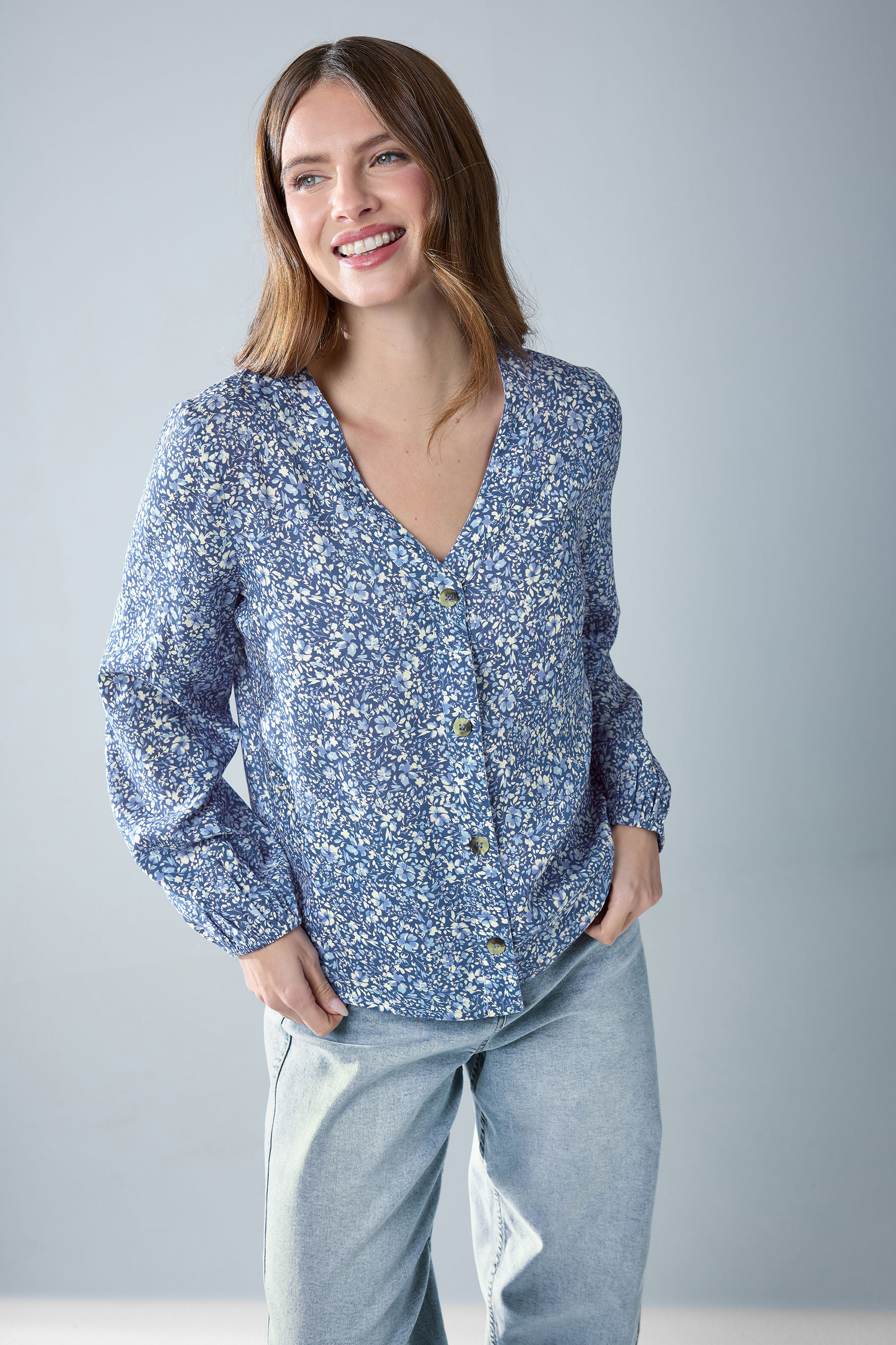 M&Co Blue Ditsy Floral Button Front Long Sleeve Blouse | M&Co 3