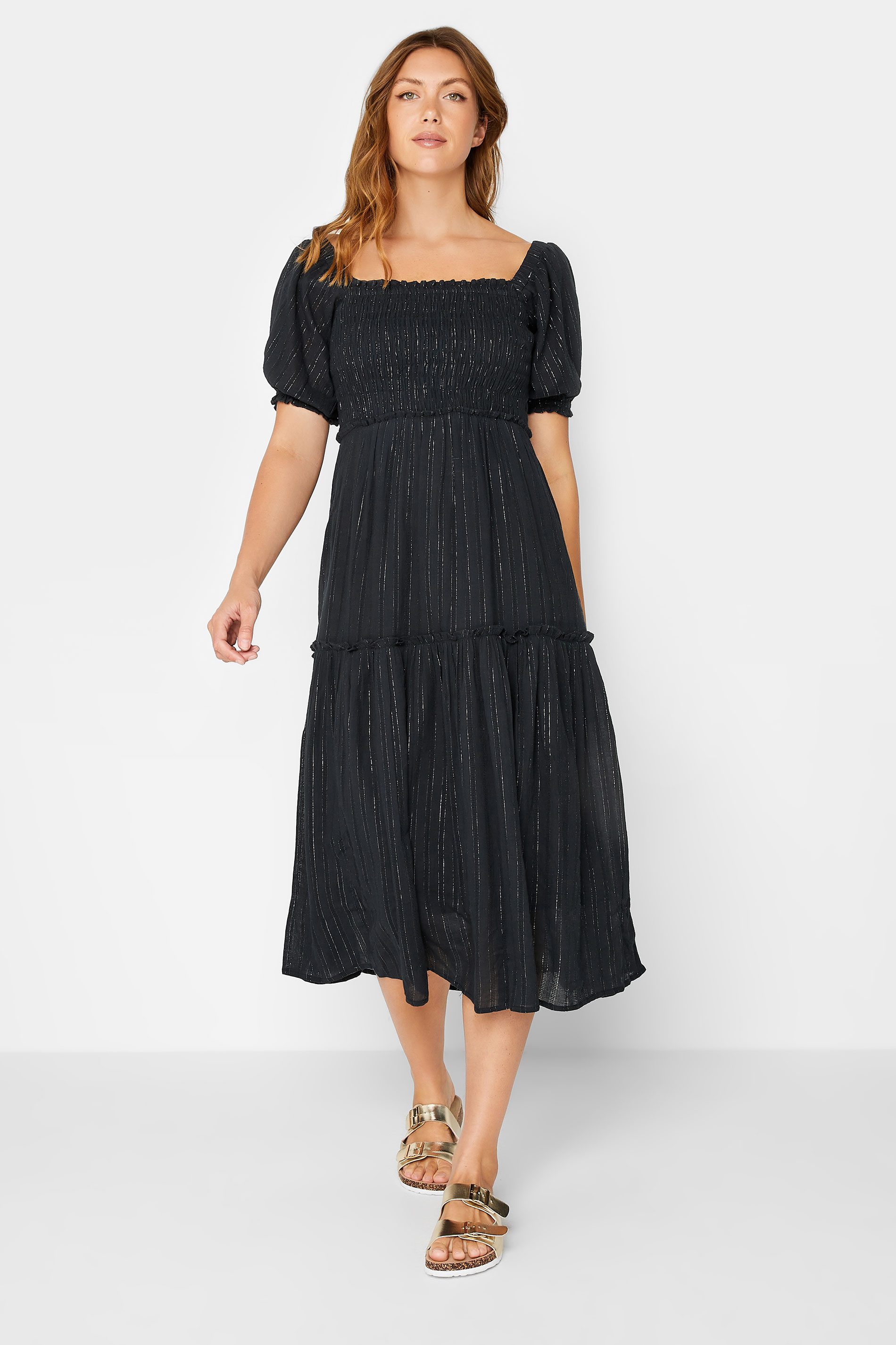 LTS Tall Women's Black Sparkle Shirred Midi Dress | Long Tall Sally 1