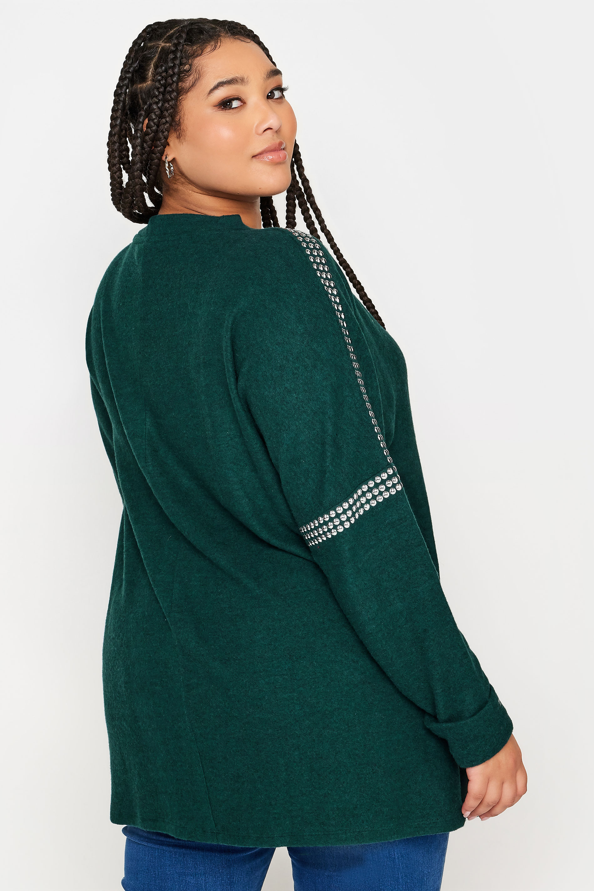 YOURS Plus Size Teal Blue Stud Batwing Sleeve Jumper | Yours Clothing 3