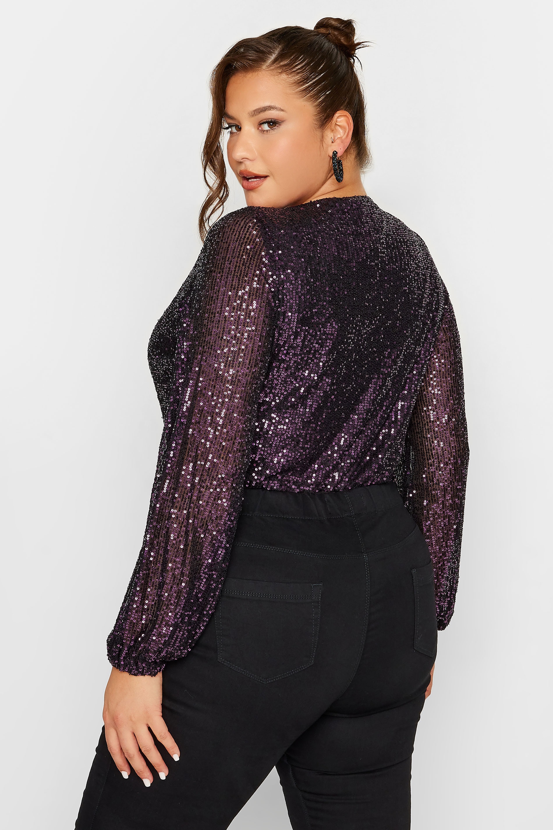 YOURS LONDON Plus Size Purple Sequin Embellished Wrap Bodysuit | Yours Clothing 3