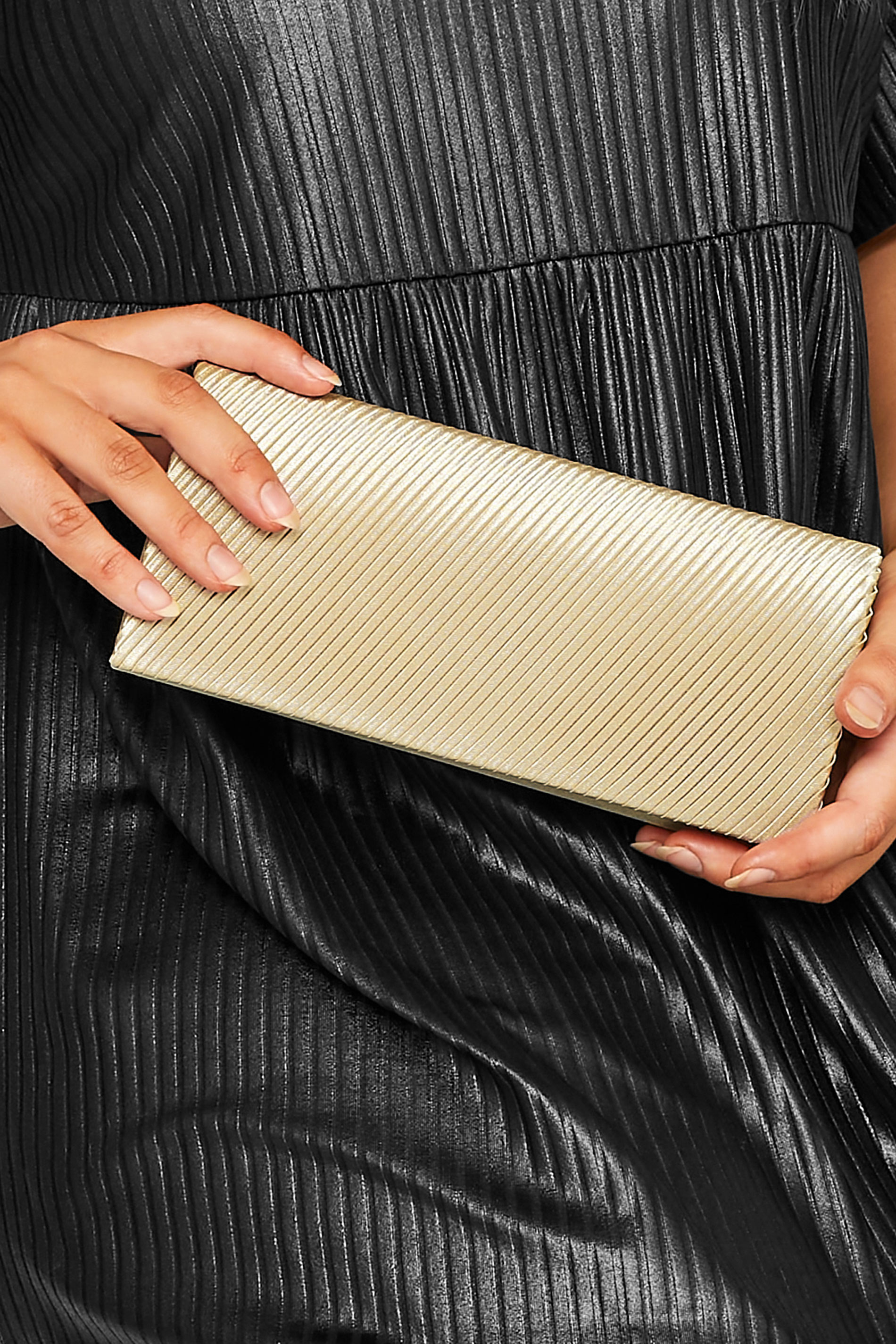 Gold Pleated Satin Clutch Bag | Yours Clothing 1