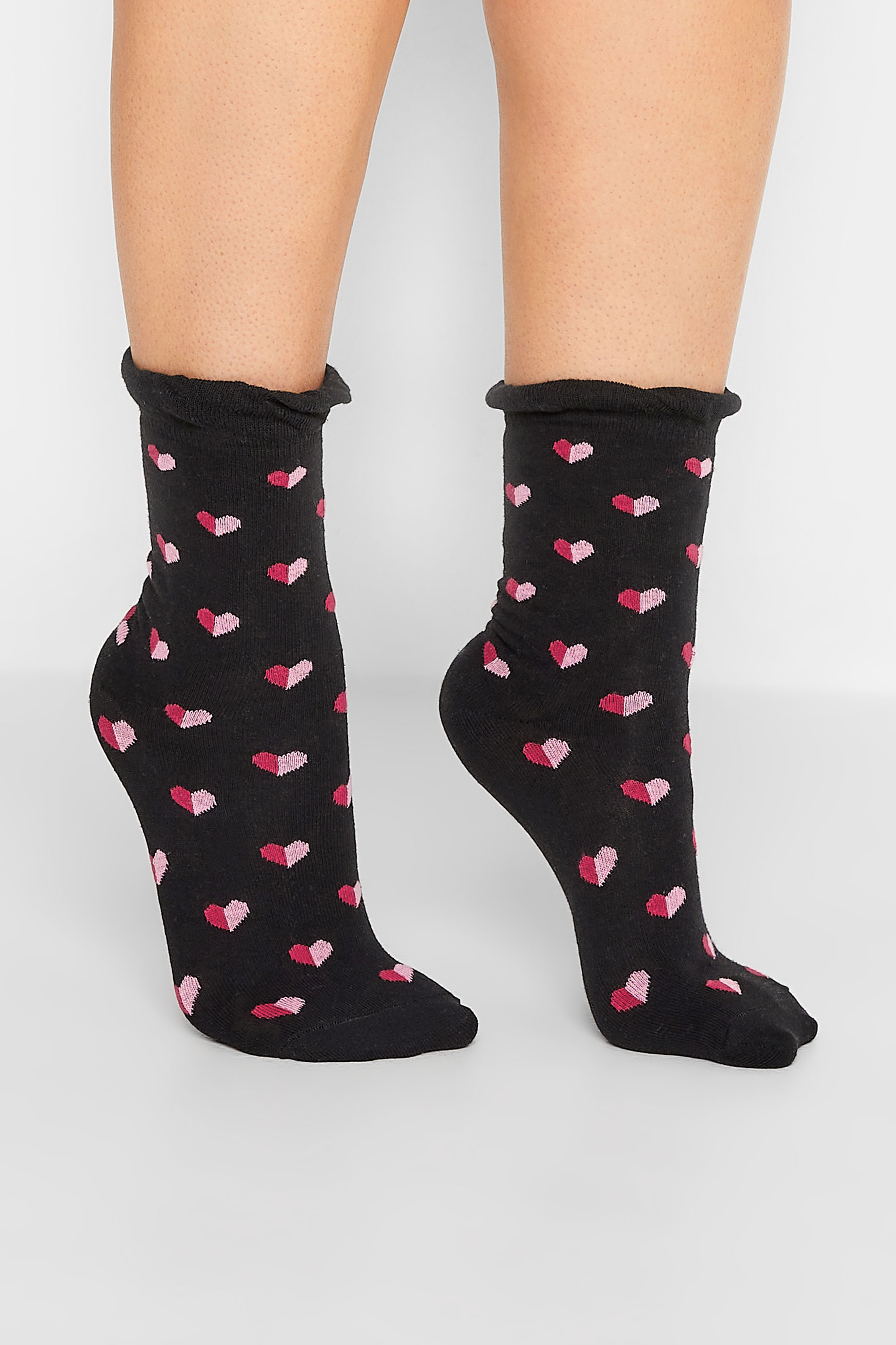 YOURS 4 PACK Black & Pink Heart Print Ankle Socks | Yours Clothing 2