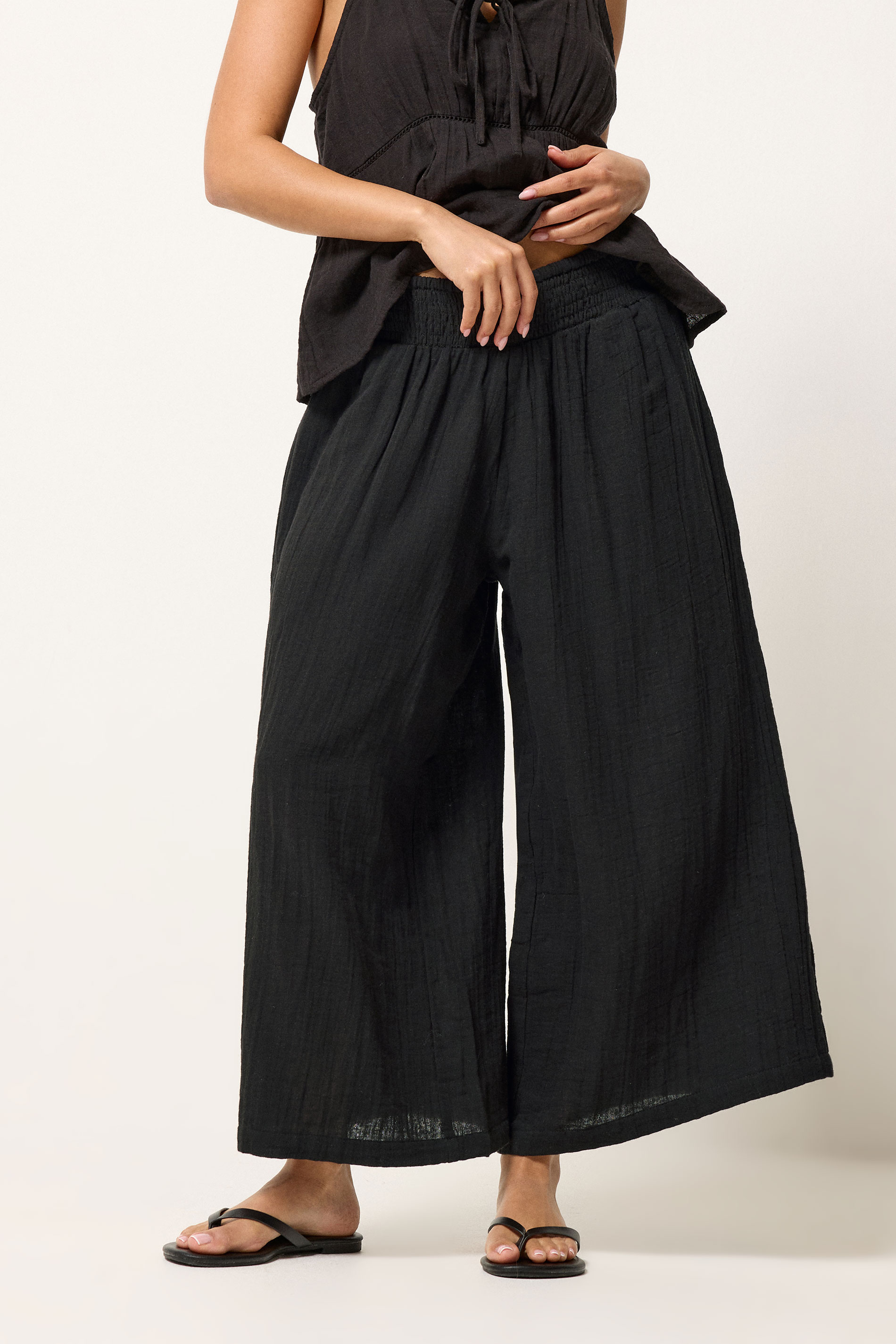 PixieGirl Petite Women's Black Cotton Cheesecloth Cropped Wide Leg Trousers | PixieGirl 1
