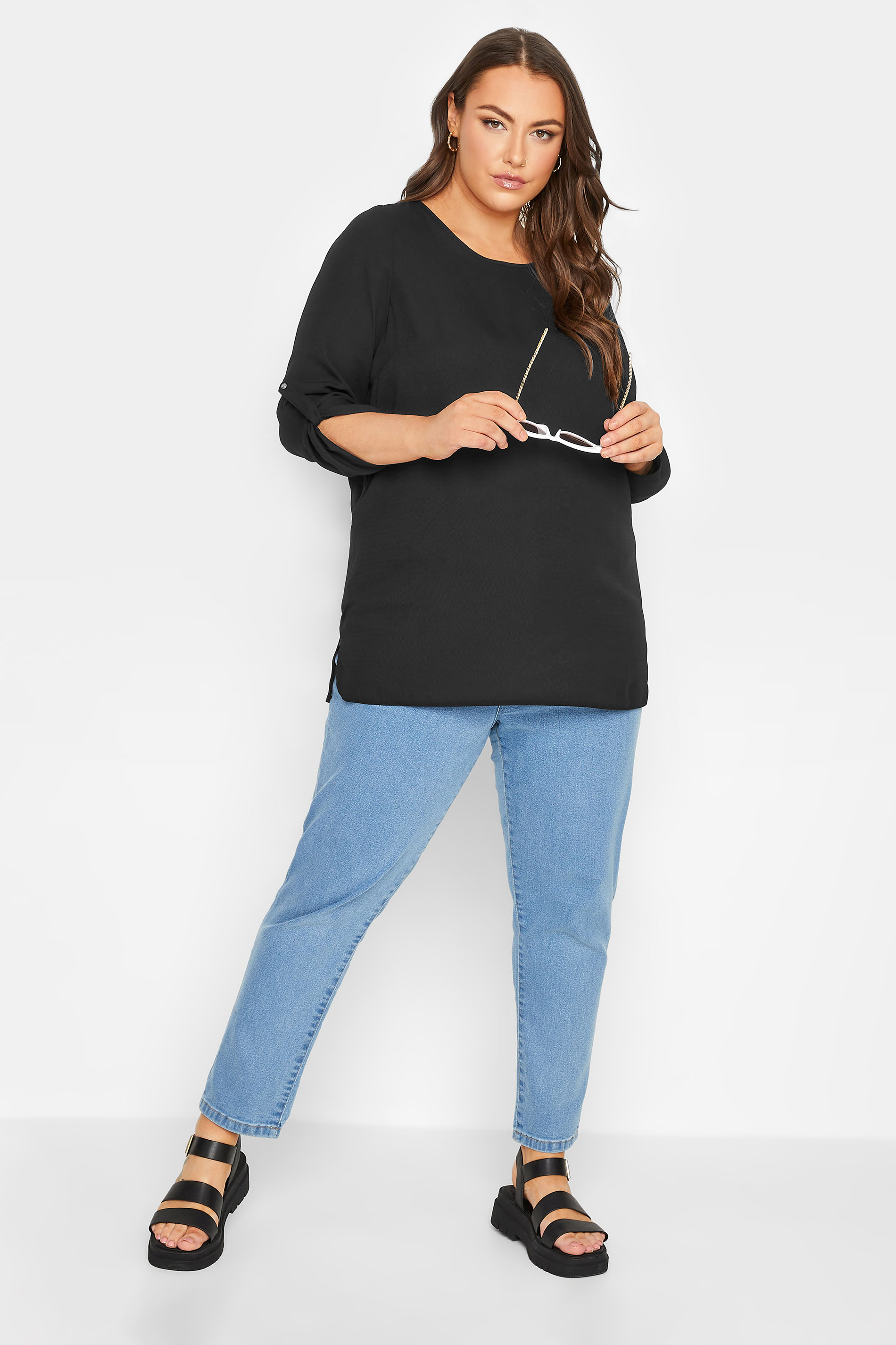 YOURS Plus Size Black Tab Sleeve Blouse | Yours Clothing 2