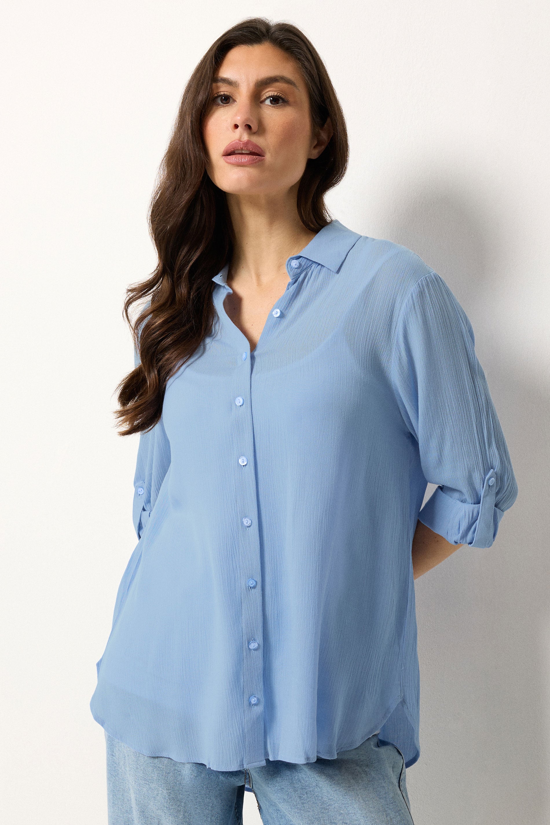 M&Co Blue Crinkle Tab Sleeve Shirt | M&Co 3