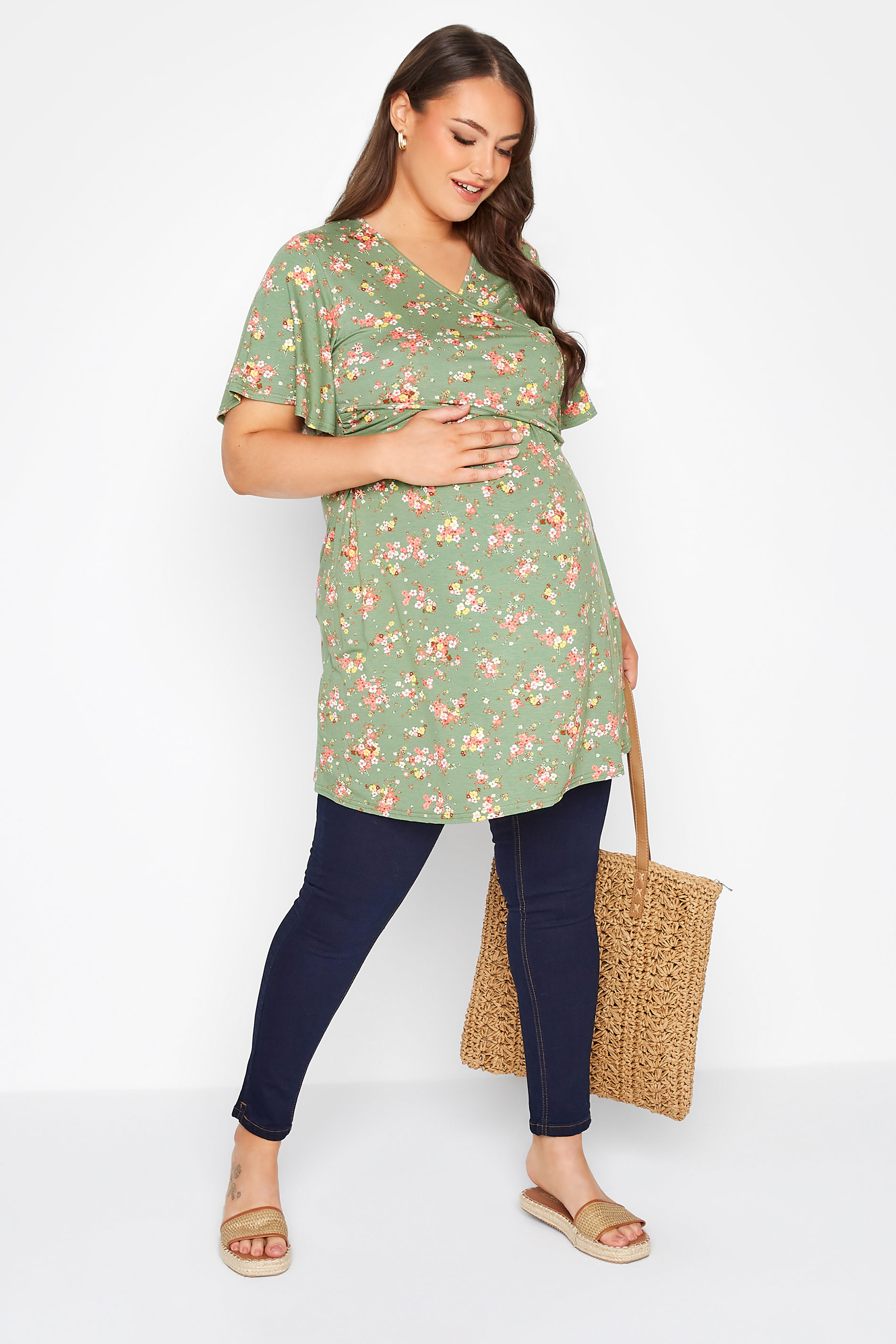 Plus Size BUMP IT UP MATERNITY Green Floral Nursing Top | Yours Clothing 3