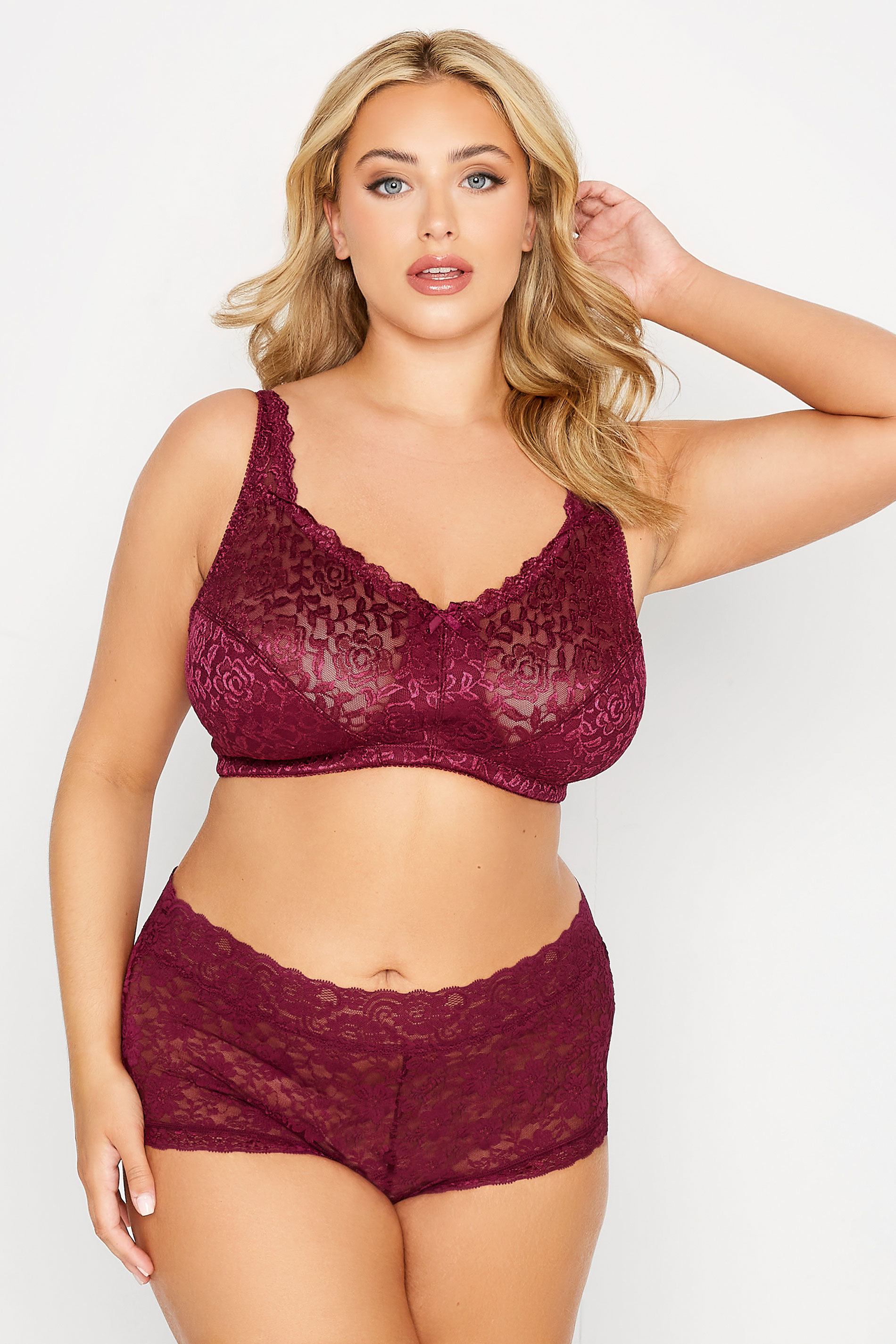 Plus Size Burgundy Red Floral Lace Mid Rise Shorts | Yours Clothing 2