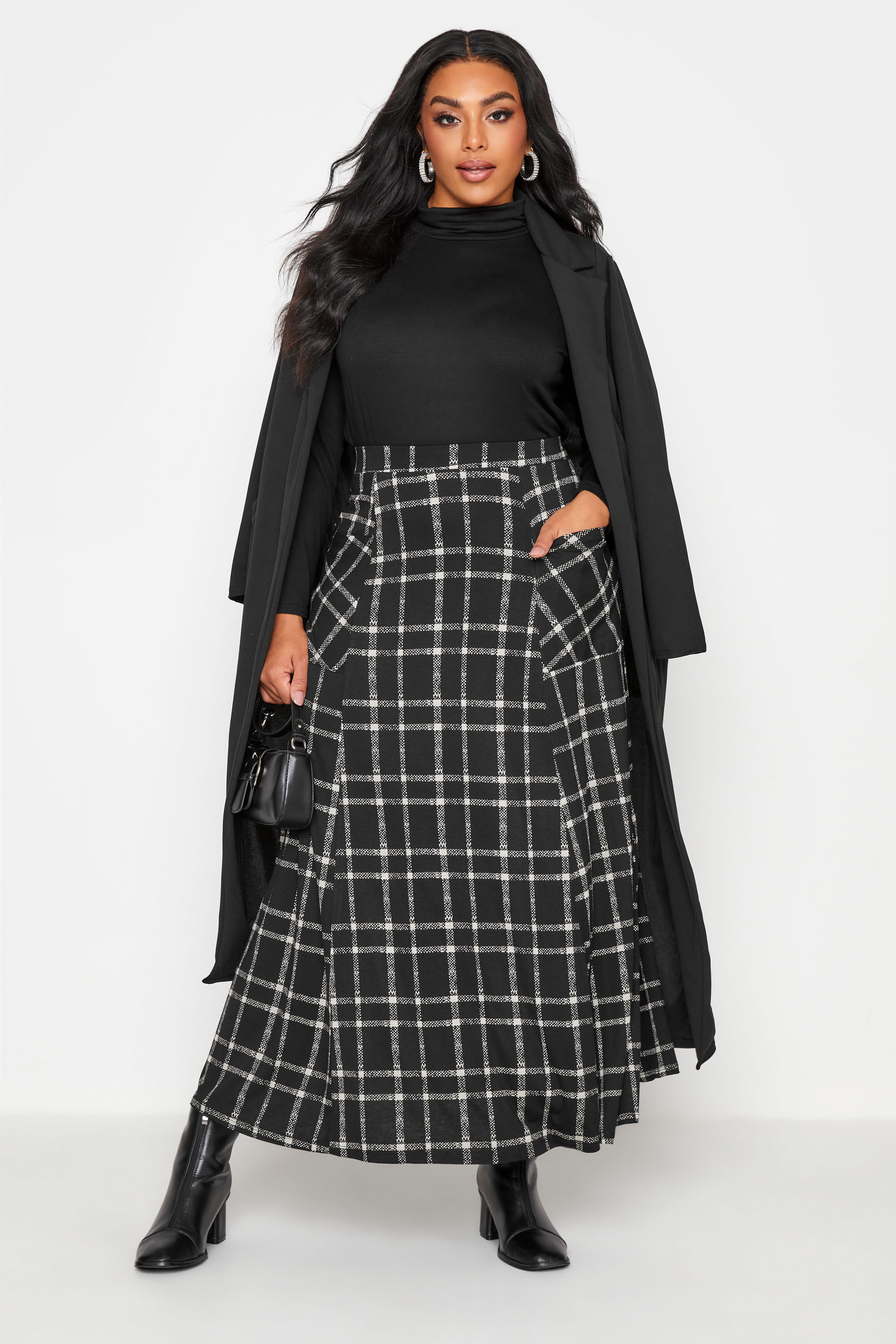 Plus Size Black Check Maxi Skirt 