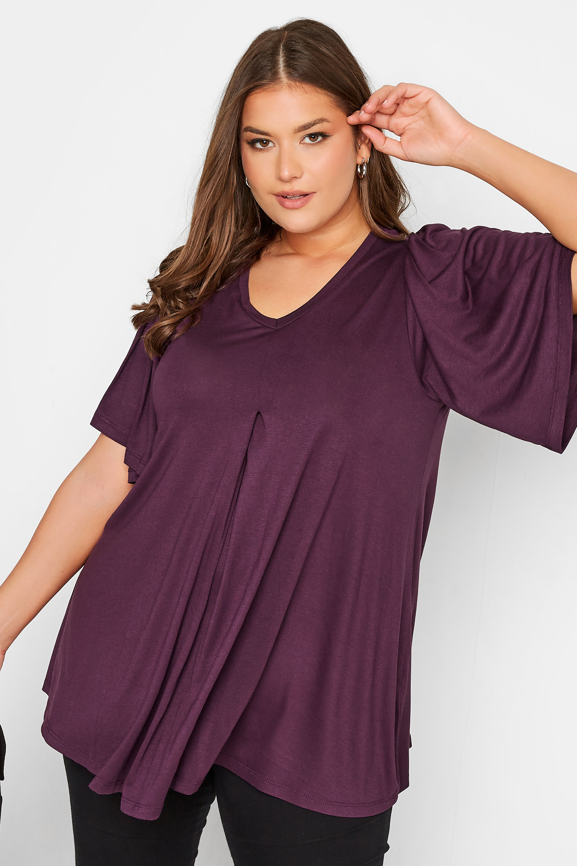 Plus Size Purple Pleat Angel Sleeve Swing Top | Yours Clothing 1
