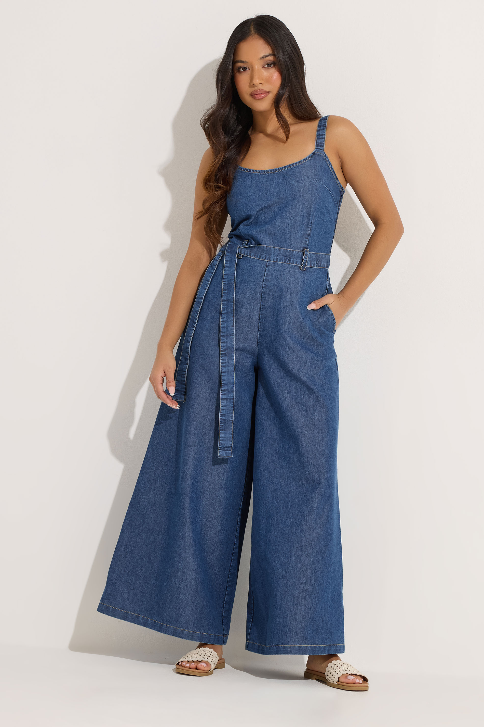 PixieGirl Petite Women's Blue Denim Wide Leg Jumpsuit | PixieGirl 2