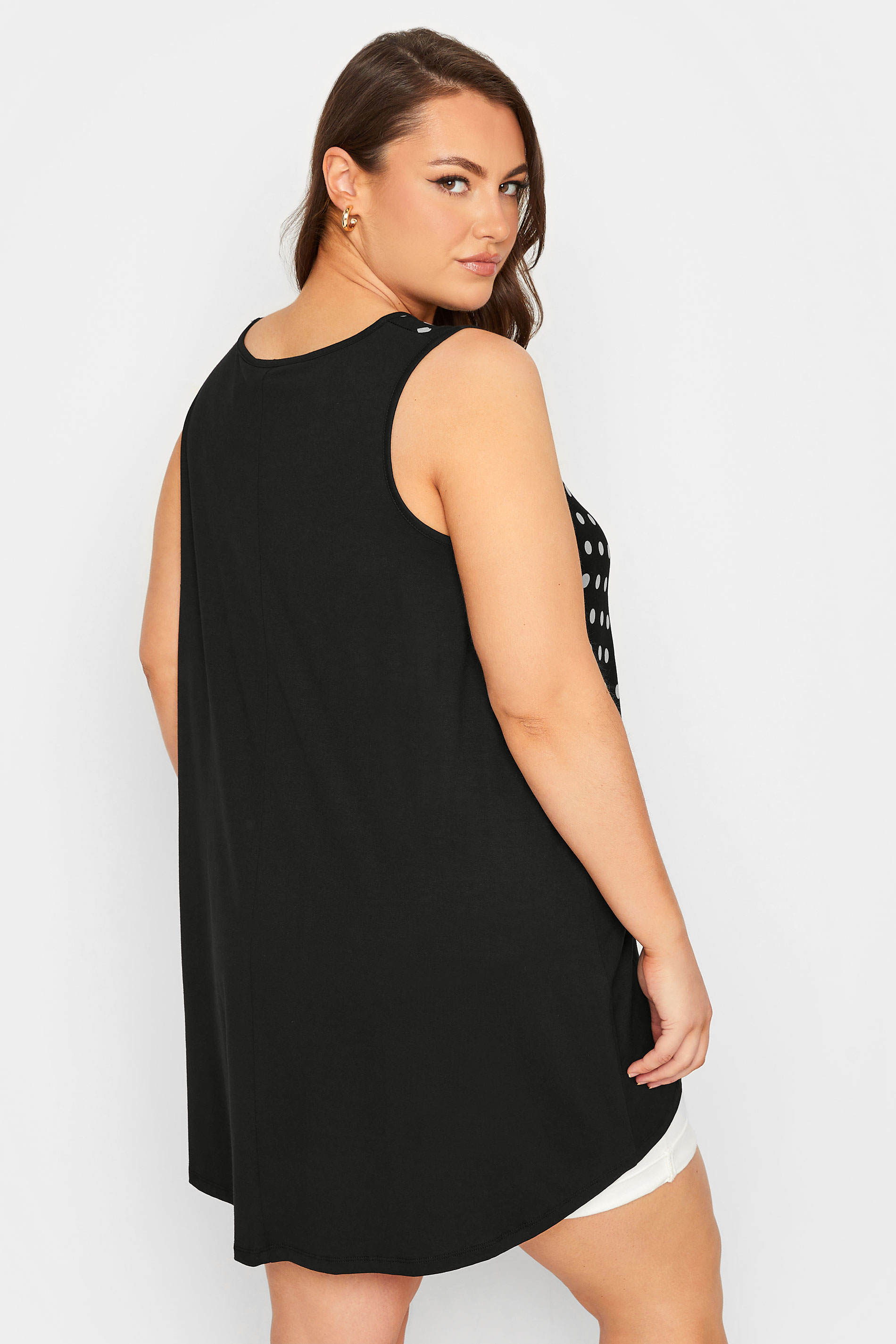YOURS Plus Size Black Polka Dot Print Dipped Hem Vest Top | Yours Clothing 3