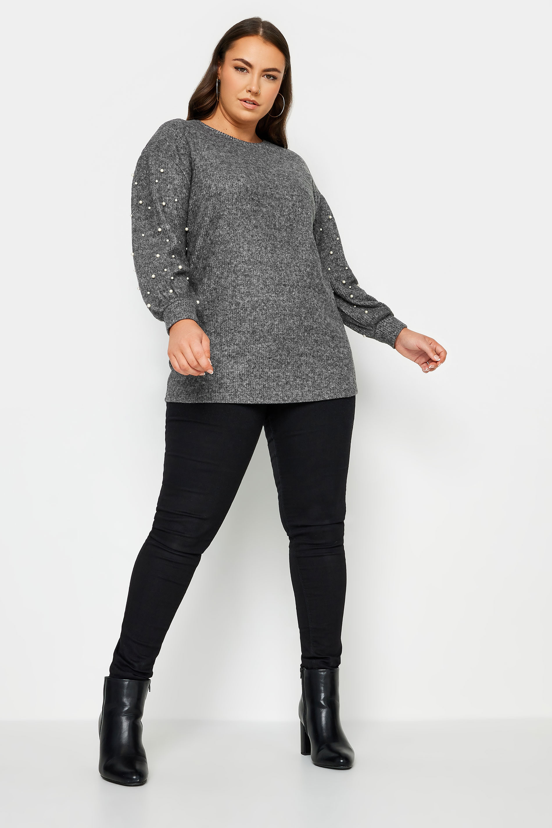 YOURS Plus Size Grey Pearl Embellished Soft Touch Sweatshirt | Yours Clothing 2