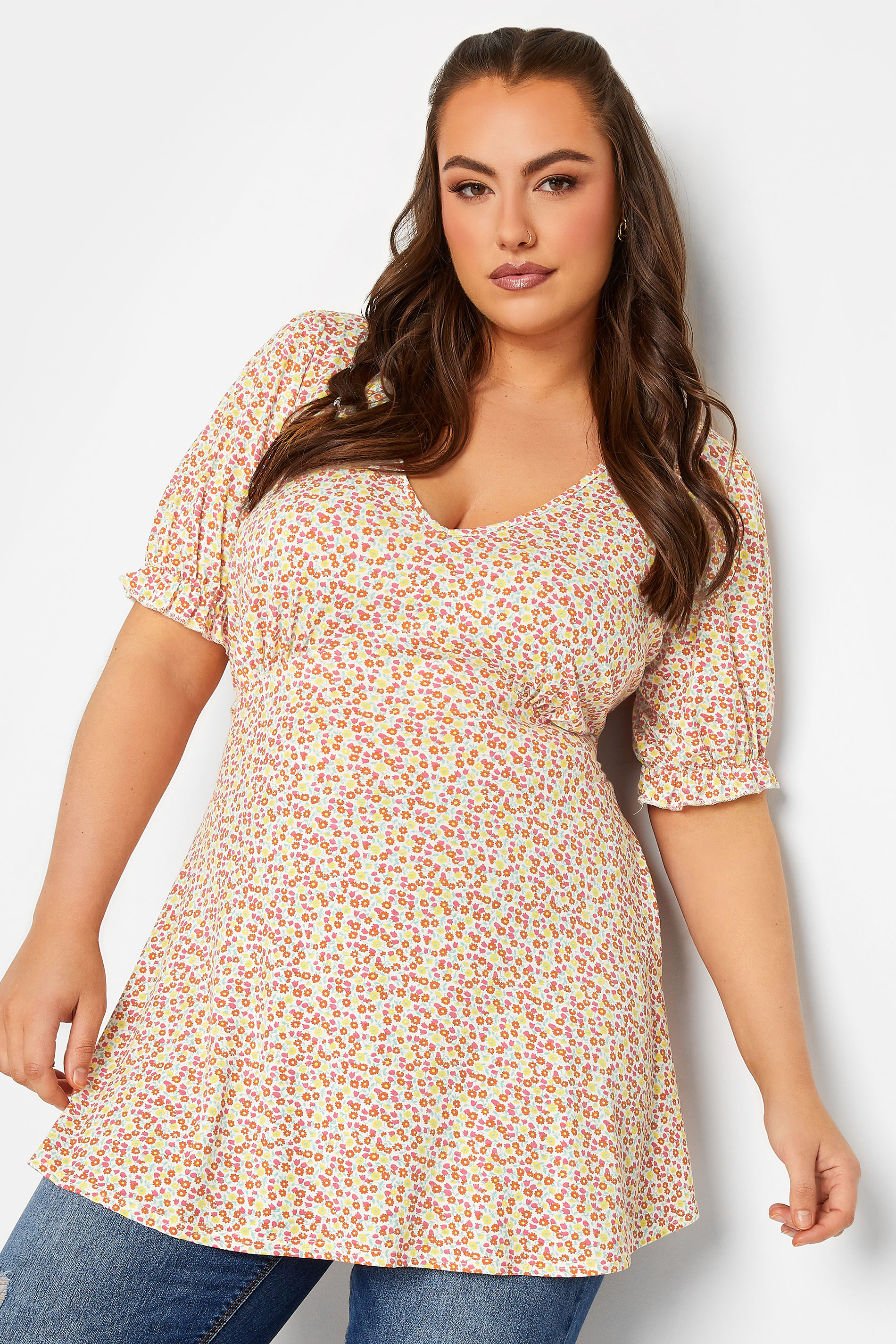 YOURS Plus Size Yellow Ditsy Floral Frill Sleeve Top | Yours Clothing 1