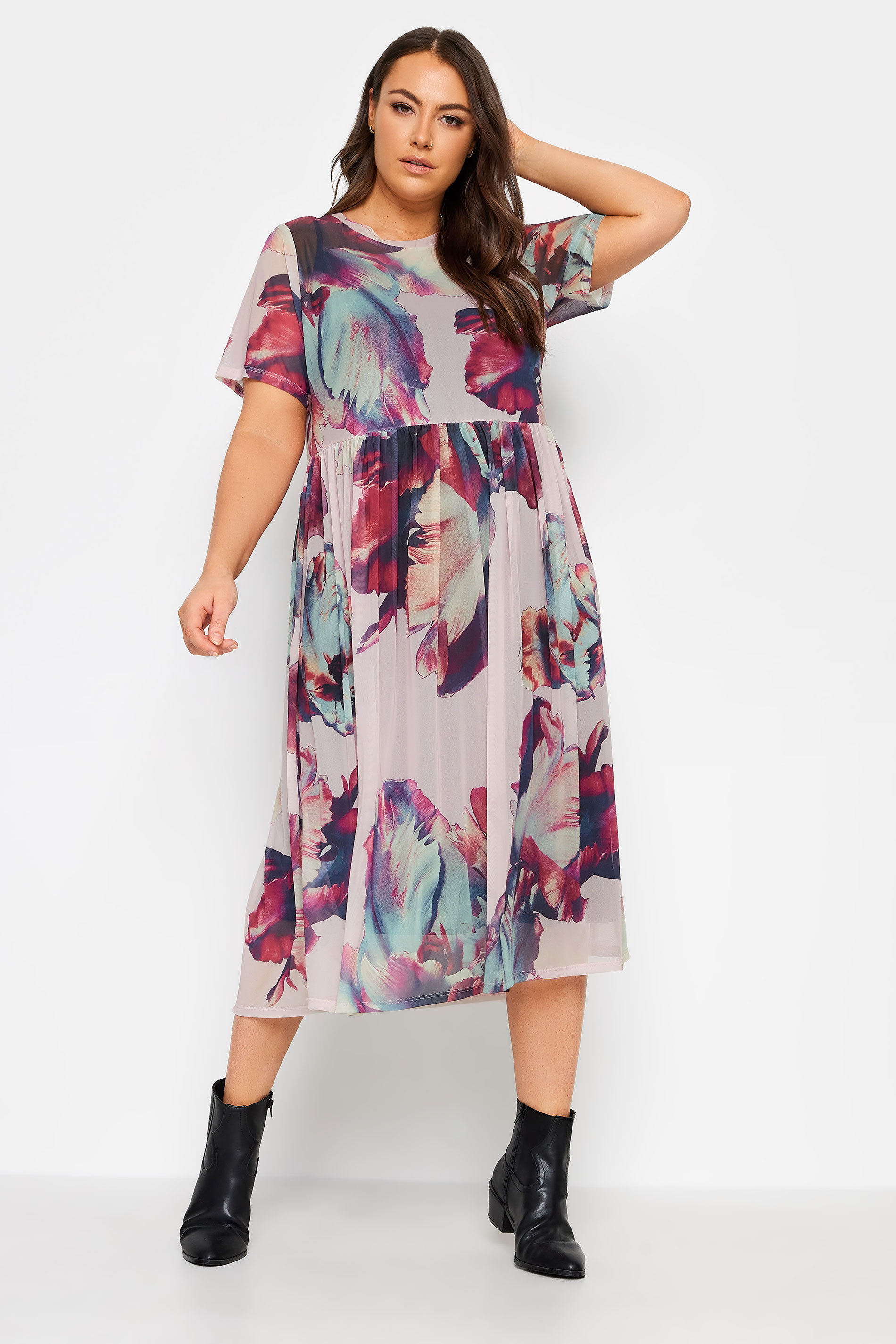 YOURS Plus Size Pink Abstract Floral Print Mesh Smock Dress | Yours Clothing 1